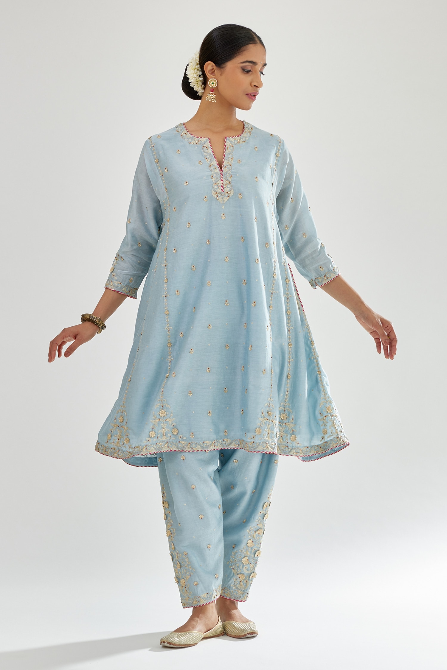 Buy Blue Kurta And Salwar Silk Chanderi Embroidery Zari Notched 