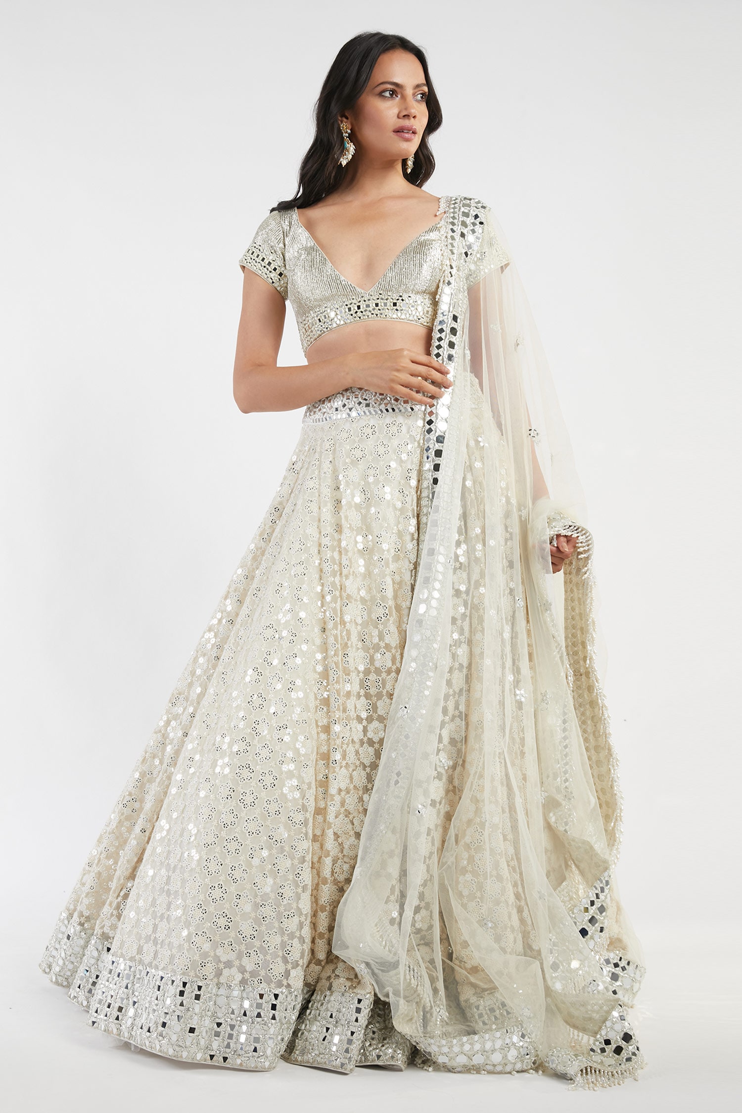 Buy Abhinav Mishra White Mirror Embellished Lehenga Set Online | Aza ...