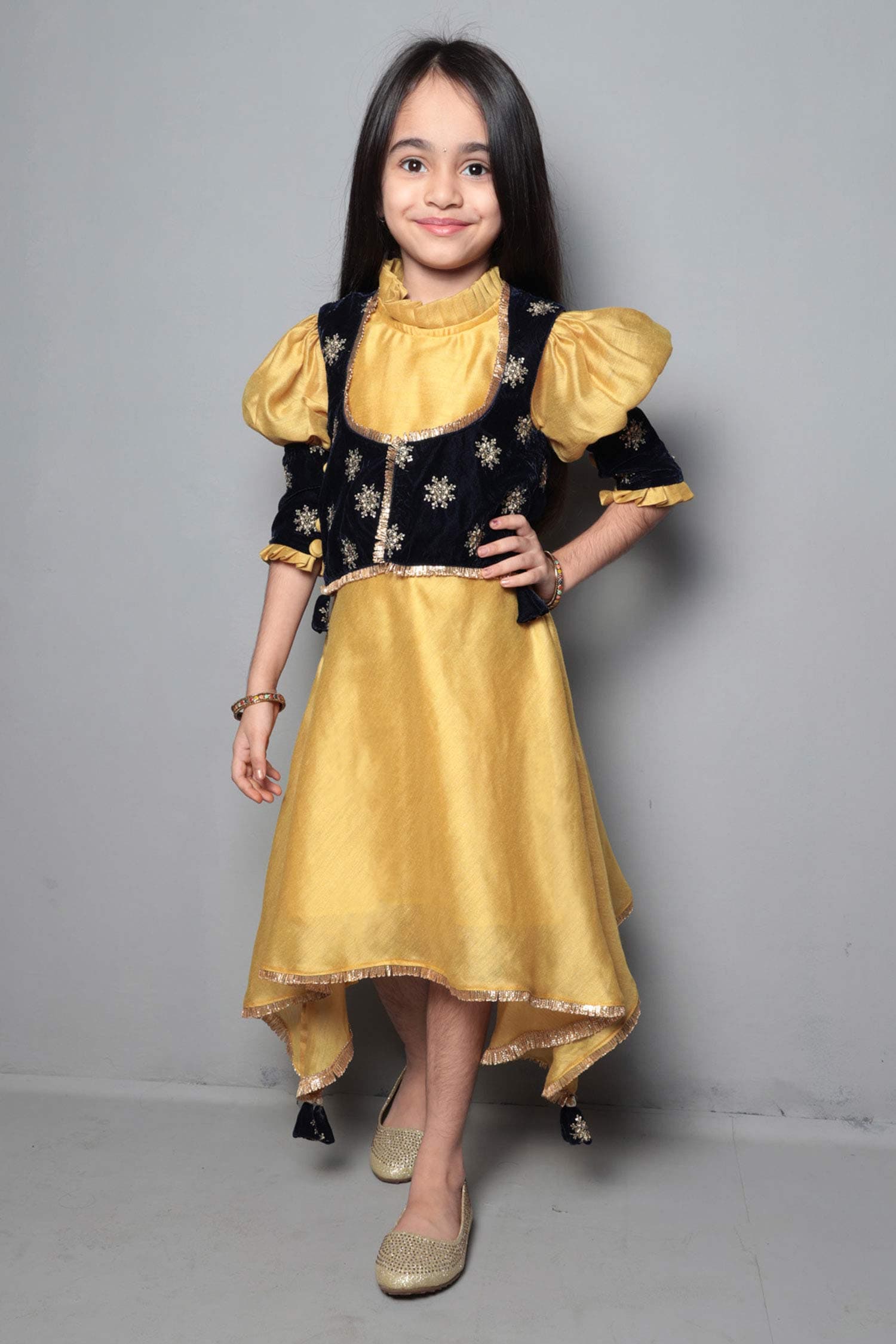 Buy Maaikid Yellow Chanderi Dress With Velvet Jacket For Girls Online ...