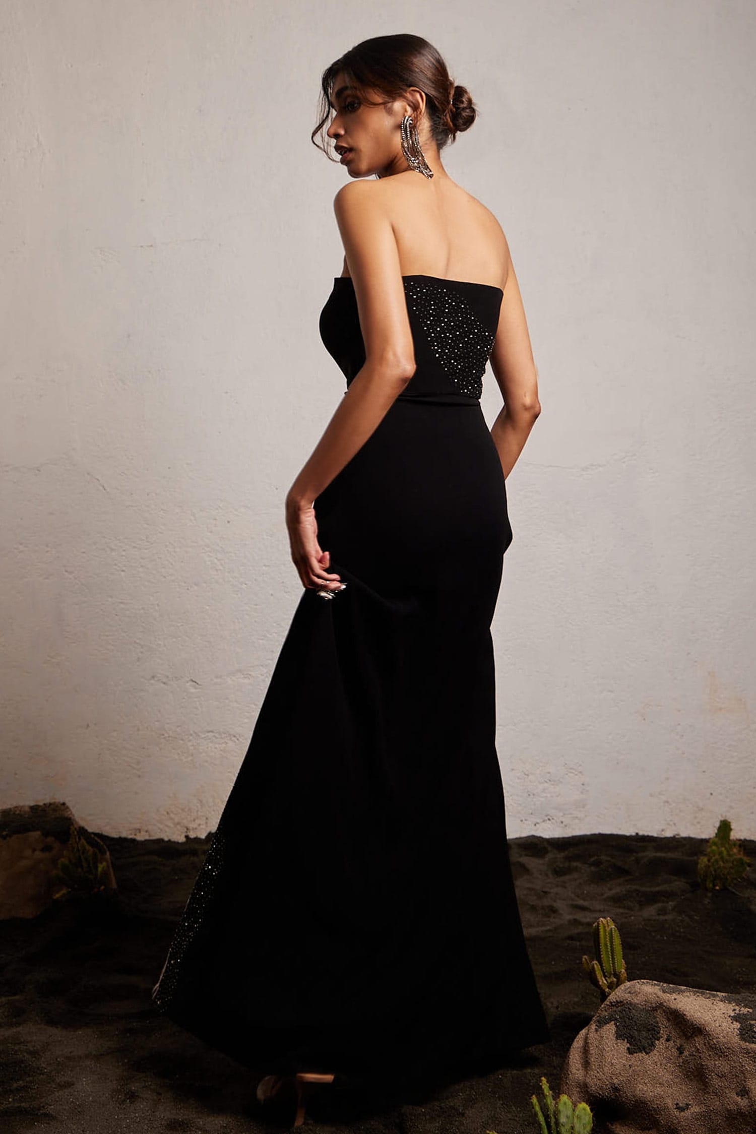 Buy Black Microsuit Embroidery Straight Strapless Side Slit Gown For Women  by Pocket Stories Online at Aza Fashions.