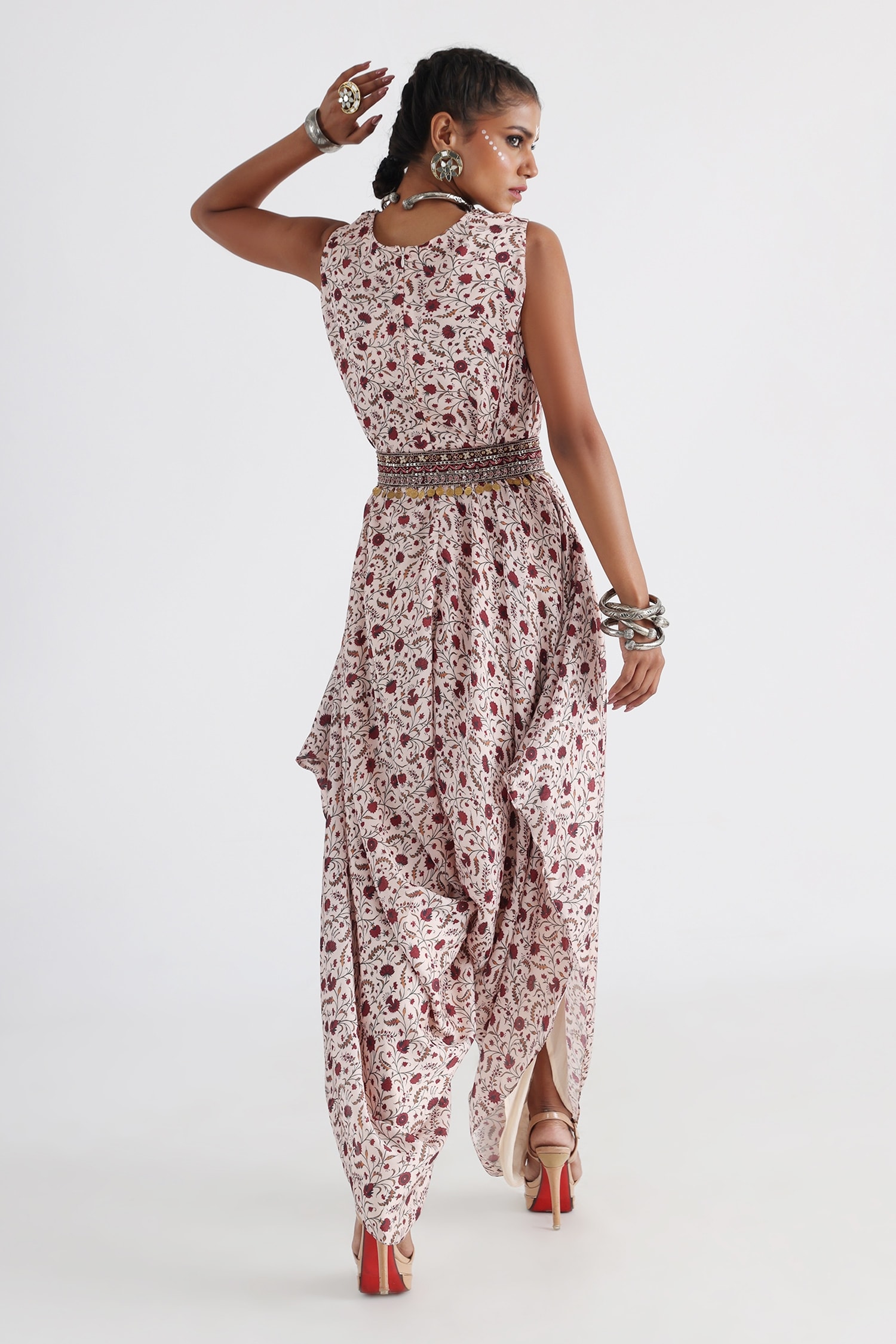 Buy Grey Satin Georgette Printed Floral V Neck Jumpsuit With Belt For Women  by Kohsh Online at Aza Fashions.