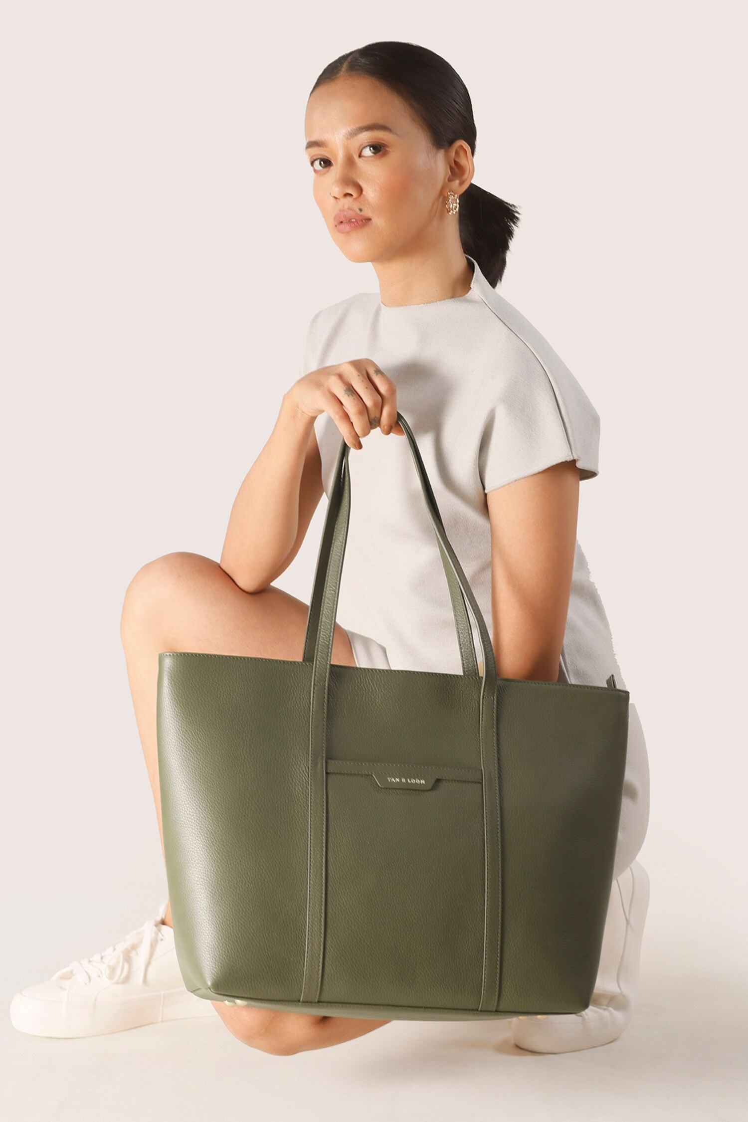 Buy Green Textured 365 Days Leather Tote Bag by Tan & Loom 