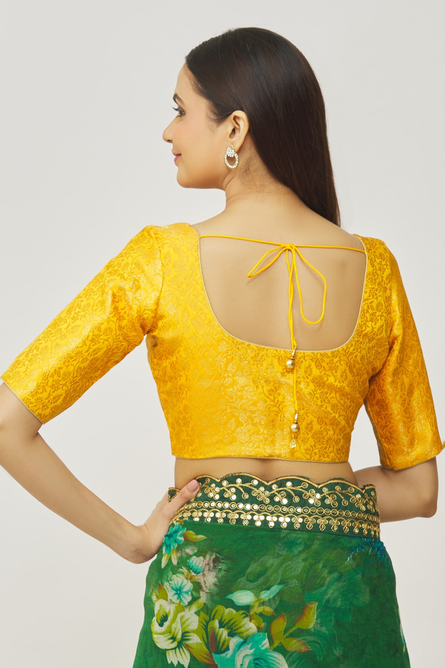 Nazaakat by Samara Singh - Yellow Brocade Woven Zari Scoop Neck Floral  Blouse For Women