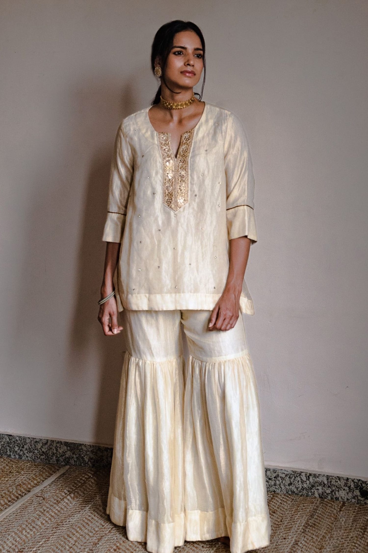 Buy Ivory Handwoven Chanderi Silk And Tissue Pin Kurta And Sharara Set