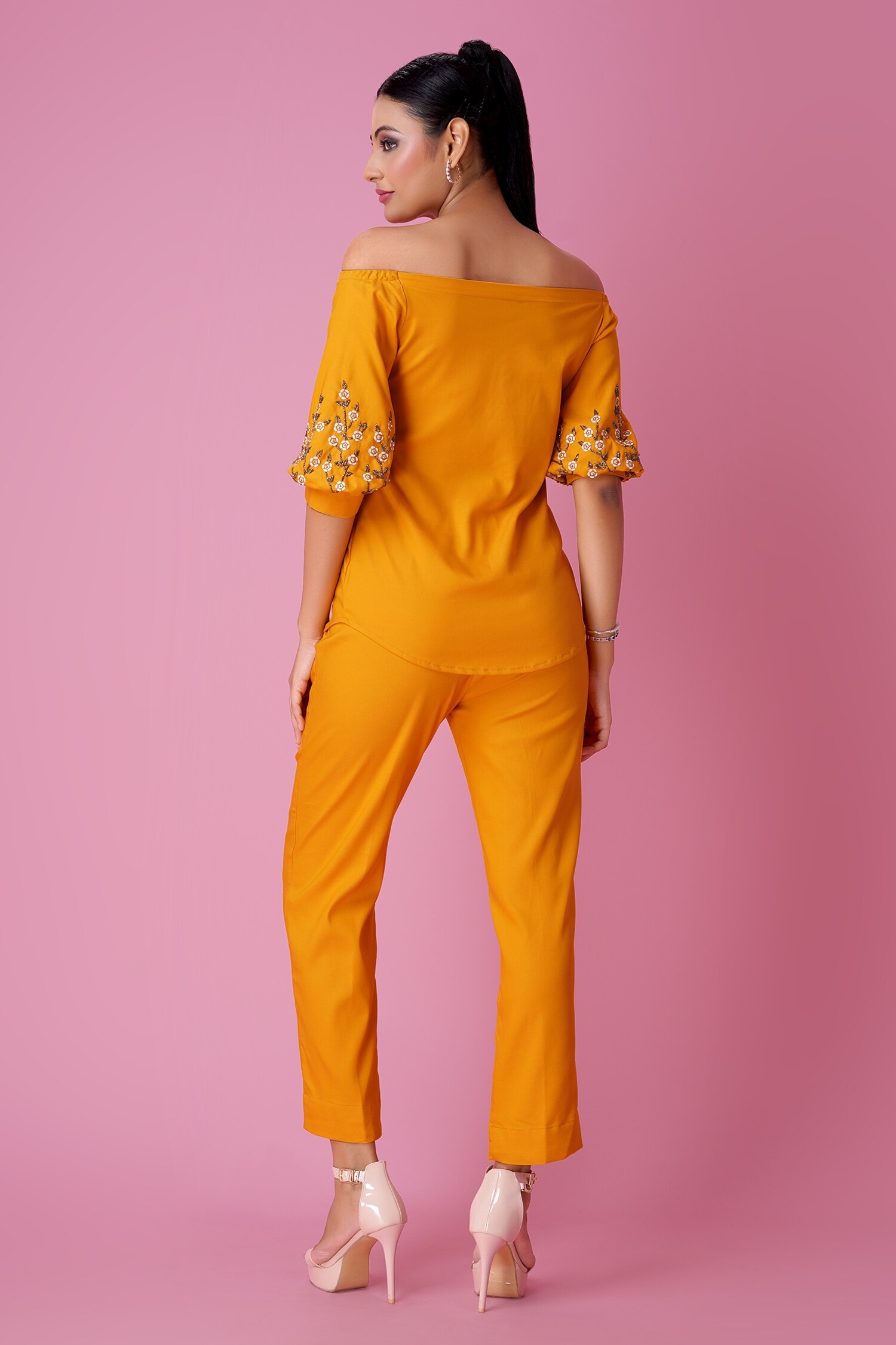 Buy Yellow Semi Stretch Embroidered Floral Off Shoulder Shirt And Pant Set  For Women by Amani Online at Aza Fashions.