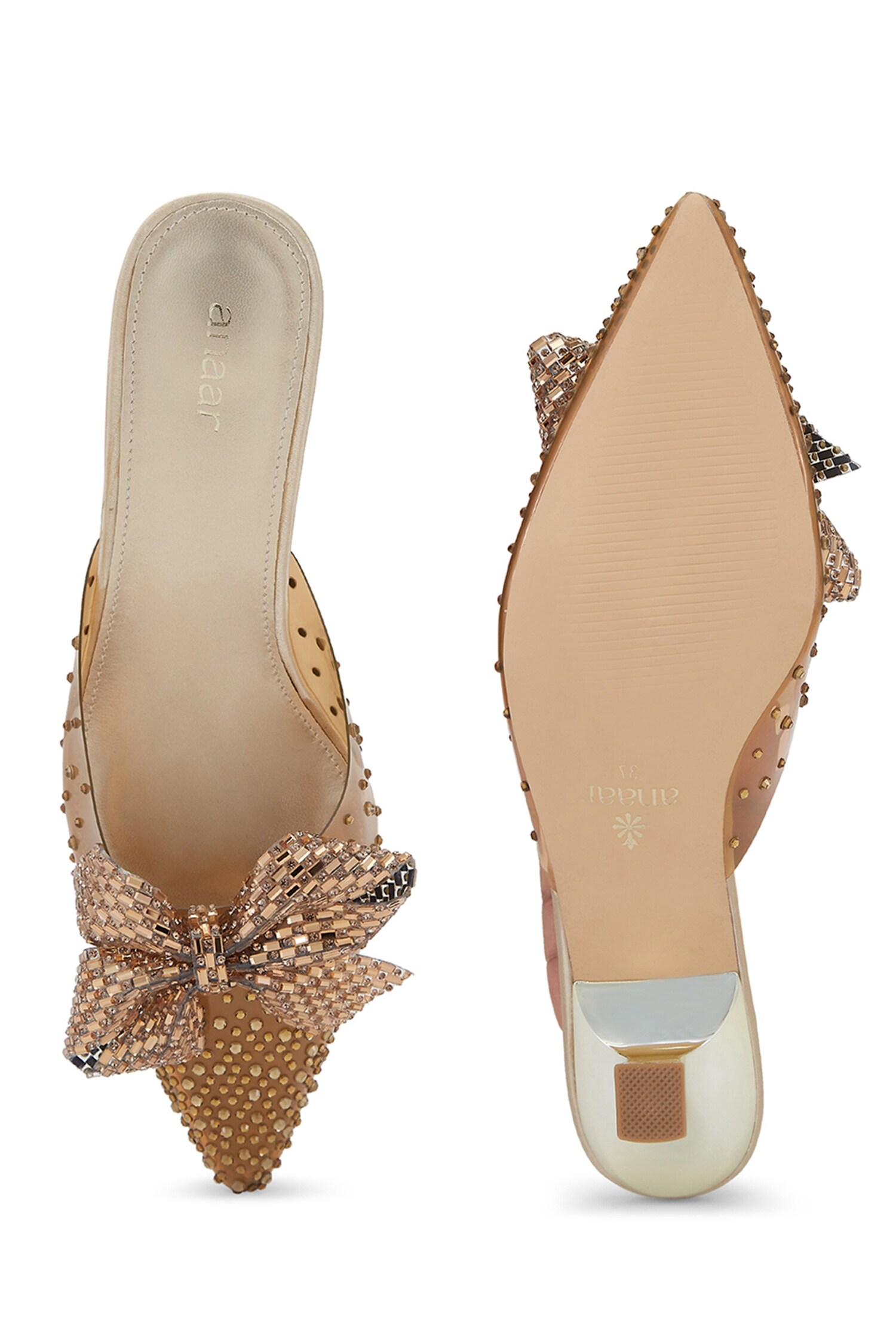 Buy Gold Ornate Bow Cinderella Embellished Heels by Anaar Online 