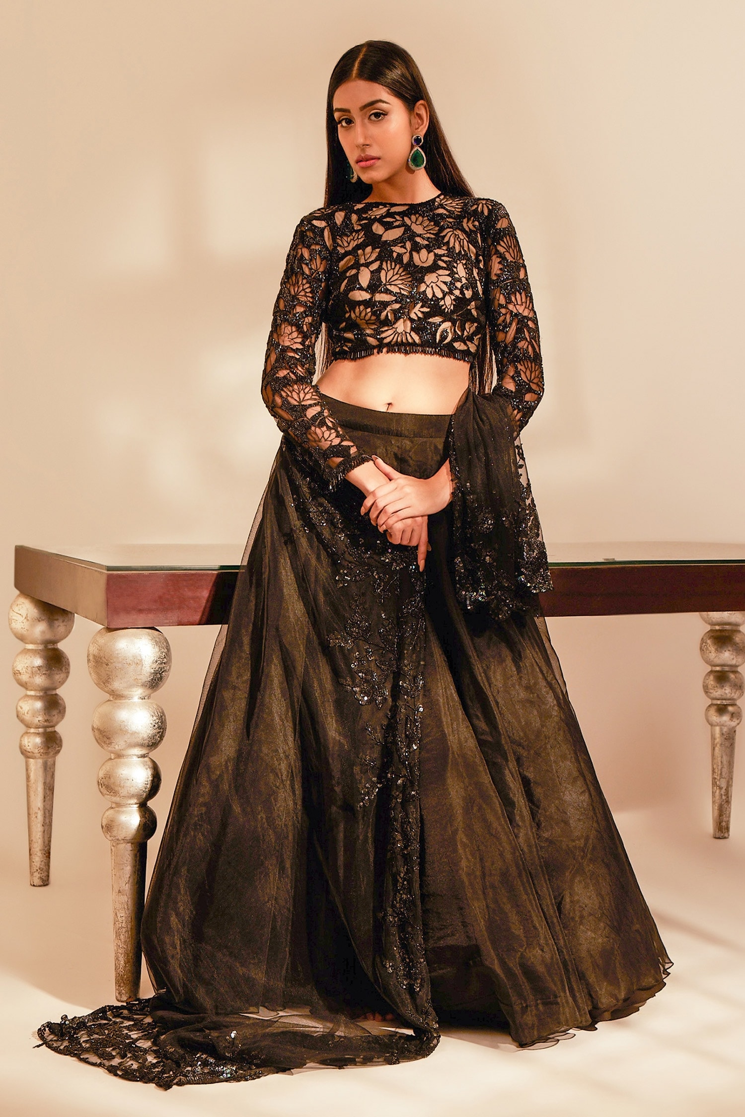 Buy Black Tulle Embroidery Sequin Round Floral Blouse Lehenga Set For Women  by Premya By Manishii Online at Aza Fashions.