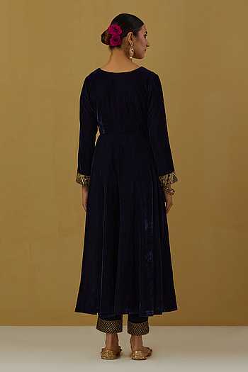 Women Teal Blue Vichitra Silk Embroidered  Anarkali Kurti With Pant And Duppata Set main image 1