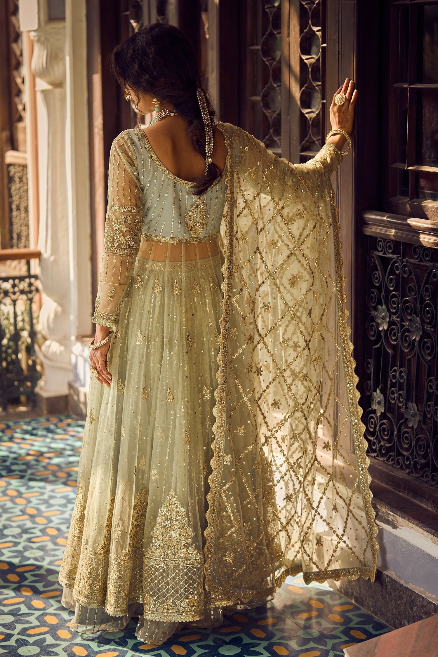 Beige Anarkali Suit in Embroidered Net - AS3626