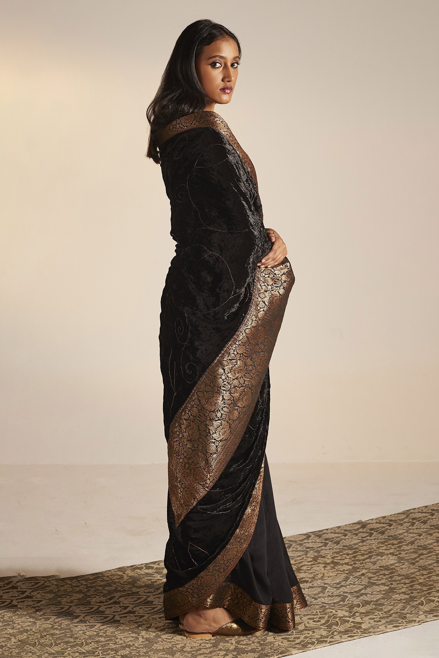 Shop Exclusive Black Velvet Embroidered Saree|SARV143966