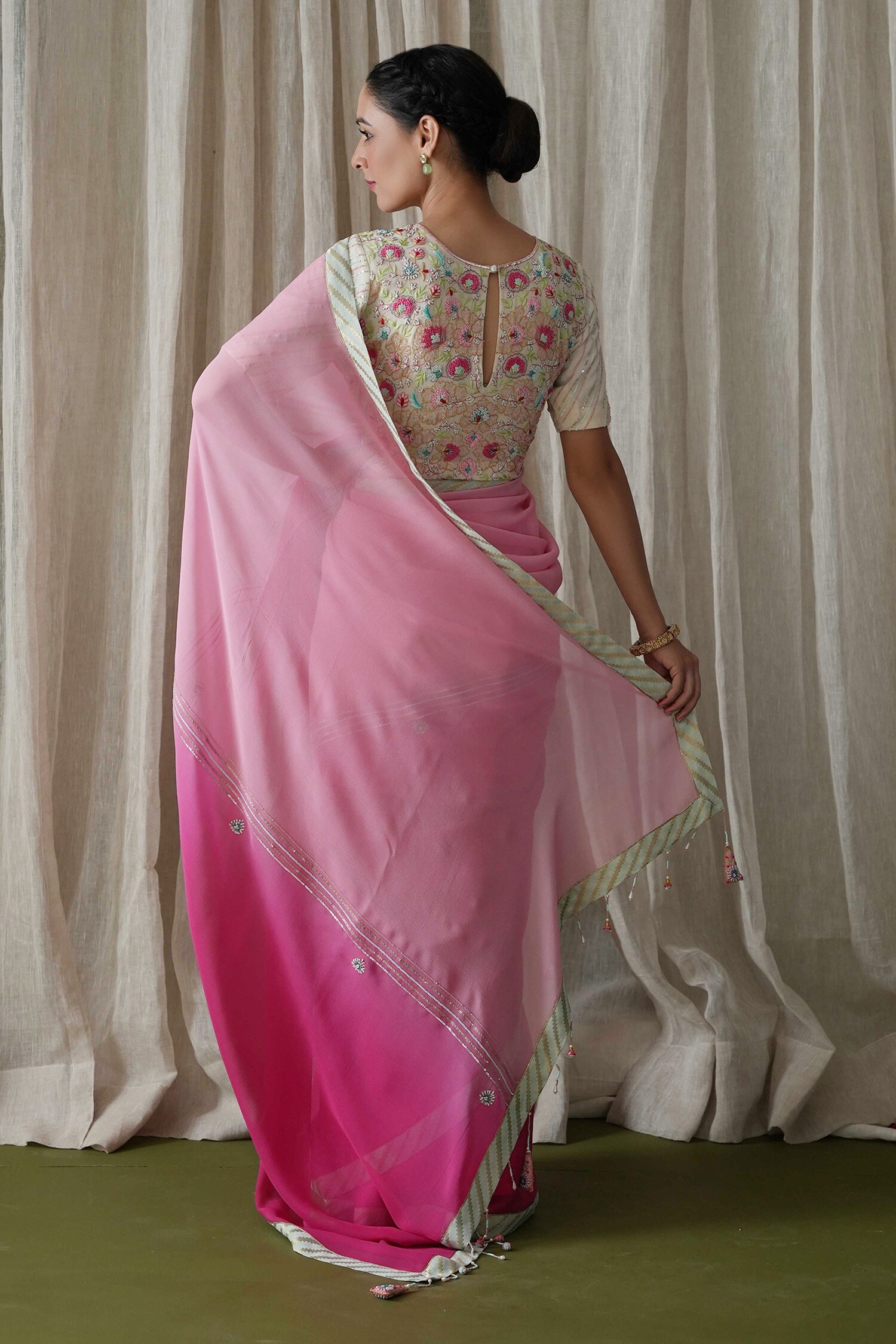 Baby Pink handwoven linen saree with silver tissue mirror work border