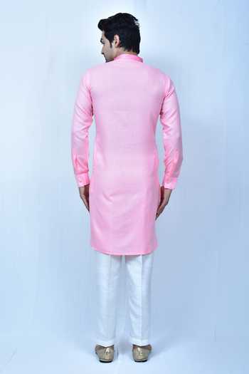 Off-White & Pink Printed Straight Kurta With Mandarin Collar With Detailed Placket & 3/4 Sleeves main image 0
