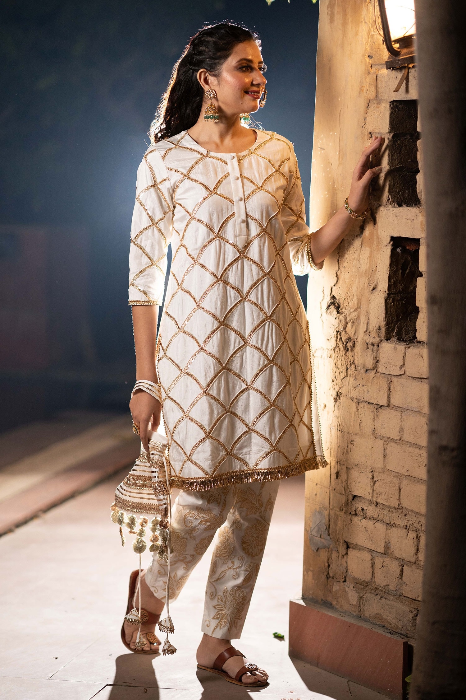 Satin Sheen Gold And Off White Designer Party Wear Heavy Cotton Kurti Set   Fashionfy