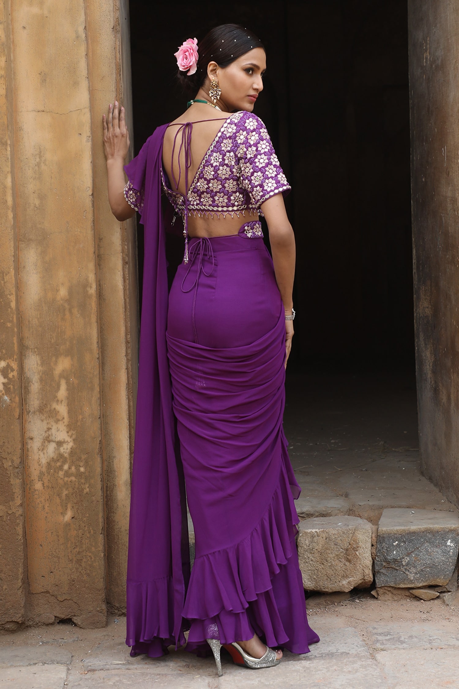 Purple Viscose Gaji Silk Ruffled Saree With Corset Blouse Wedding Wear