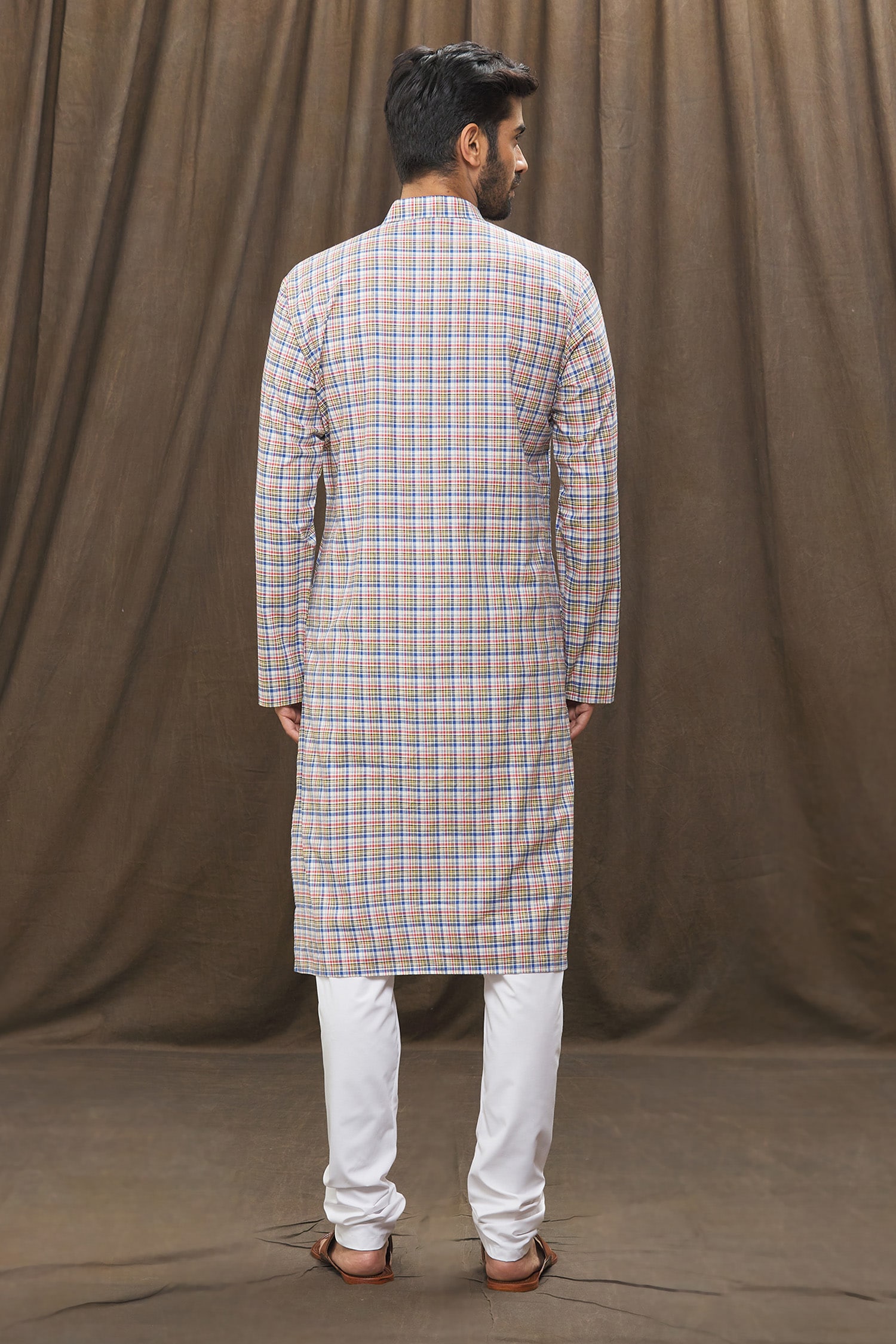 Samyukta Singhania - Multi Color Kurta 100% Cotton Checkered Full Sleeve  Set For Men