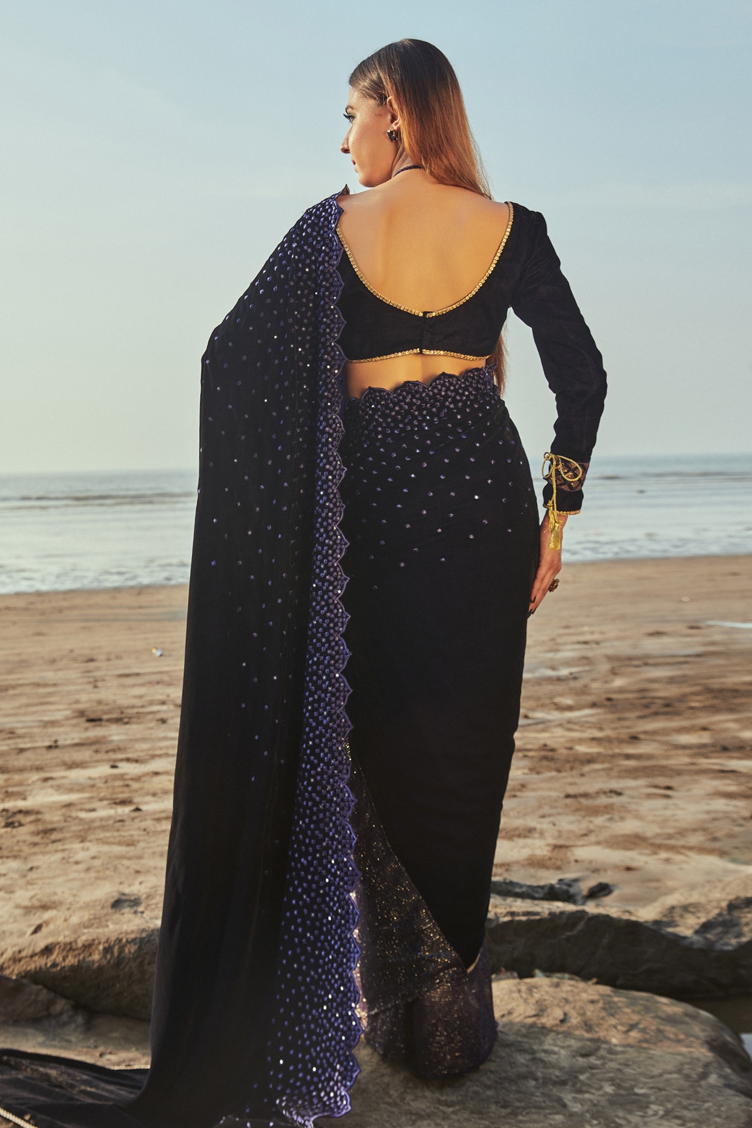 Buy Blue Saree Georgette Embroidered Sequin V Pre- Draped With