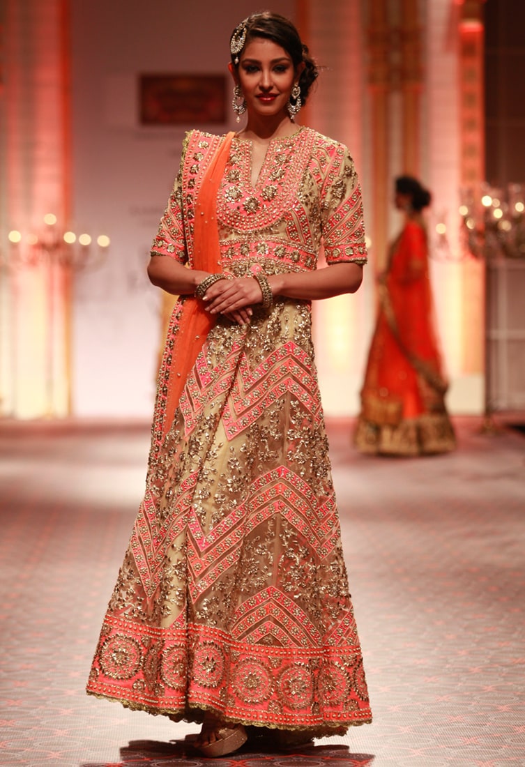 Preeti S Kapoor Beige And Pink Embroidered Anarkali Set