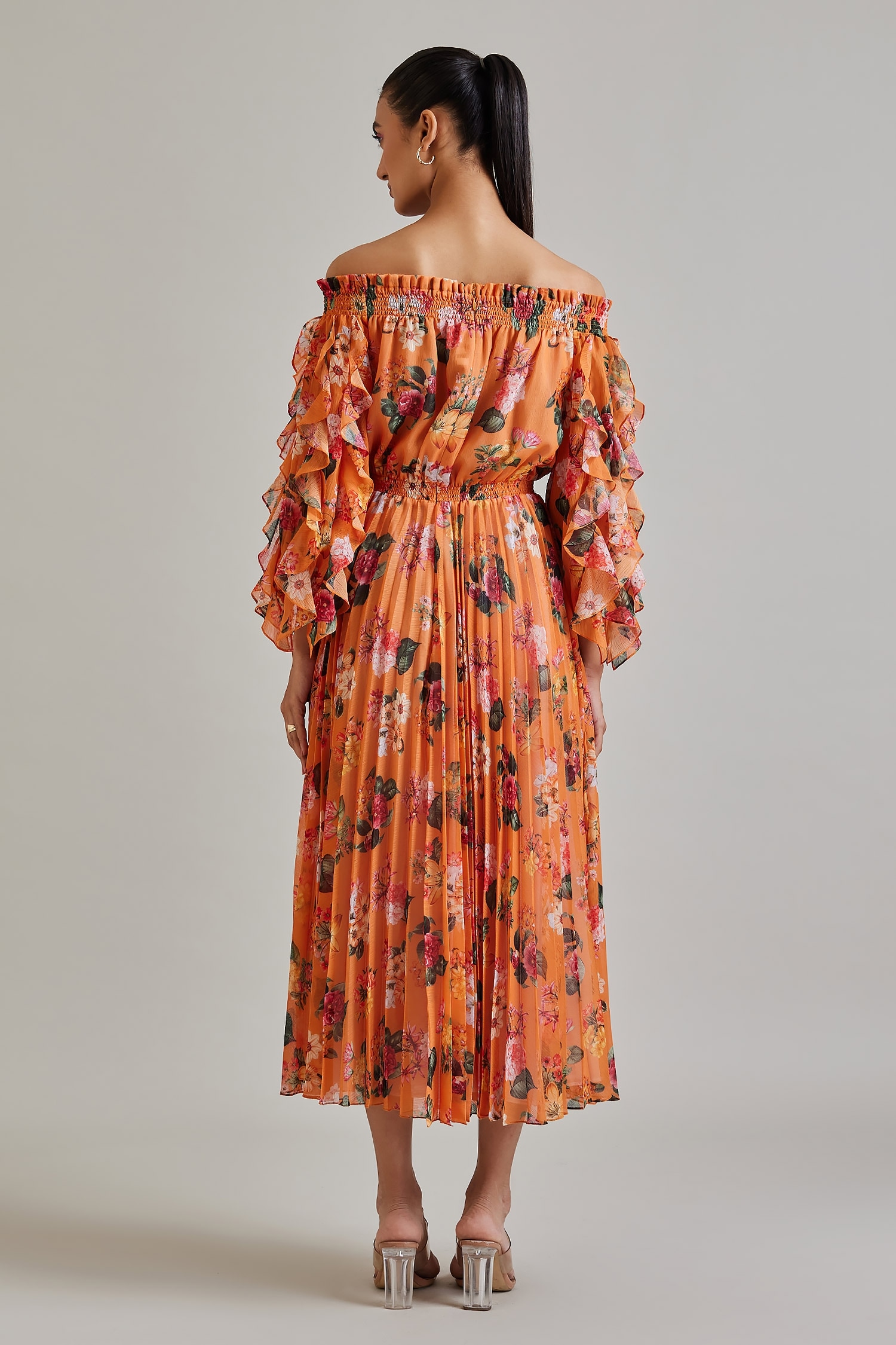 Buy Orange Chiffon Floral Venus Frilly Accent Sleeve Botanical