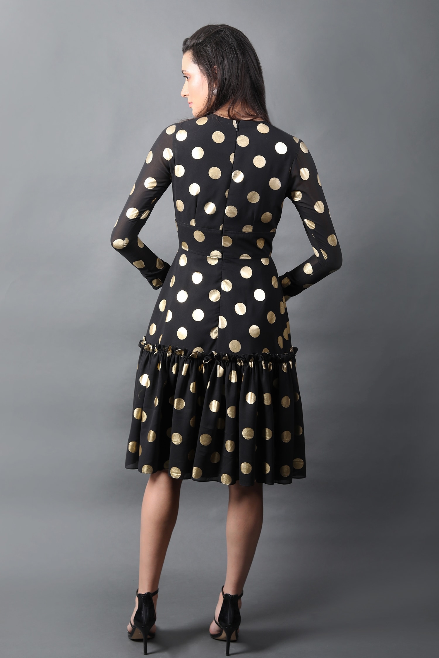 Swatee Singh - Black Georgette Printed Polka Dots High Neck Flared Dress  For Women