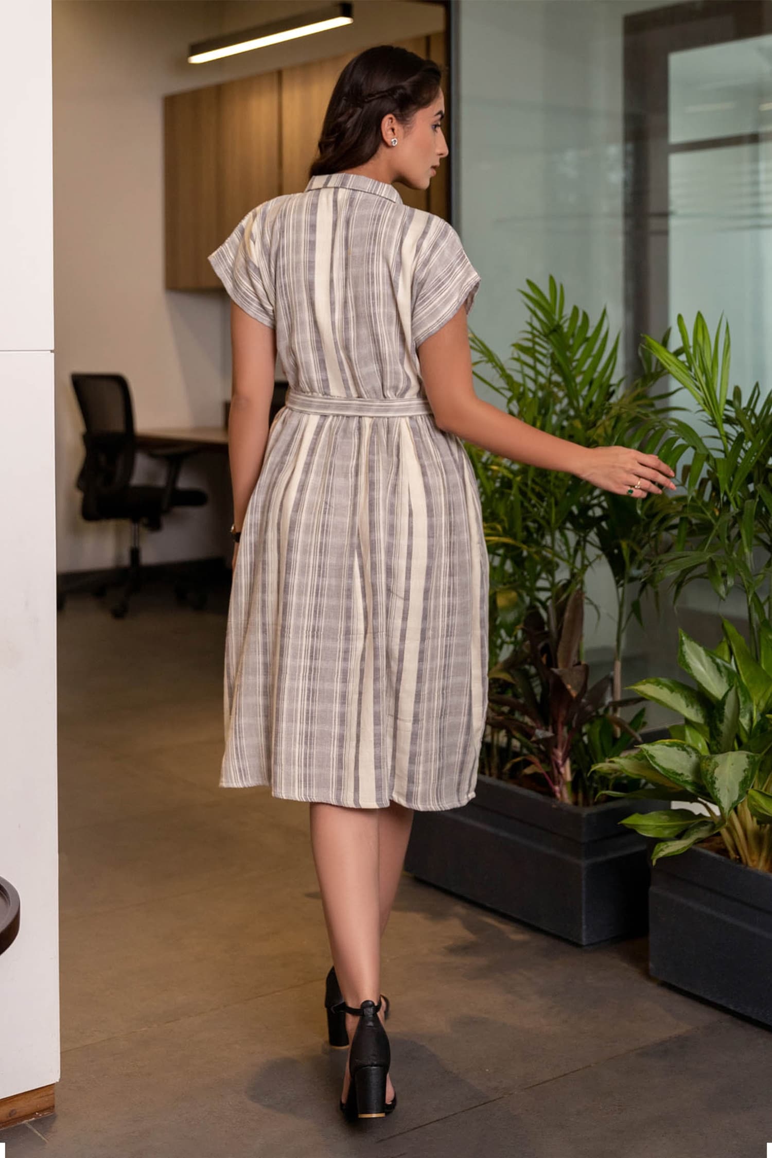 Buy Grey Cotton Striped Pattern Shirt Collar Dress For Women by B