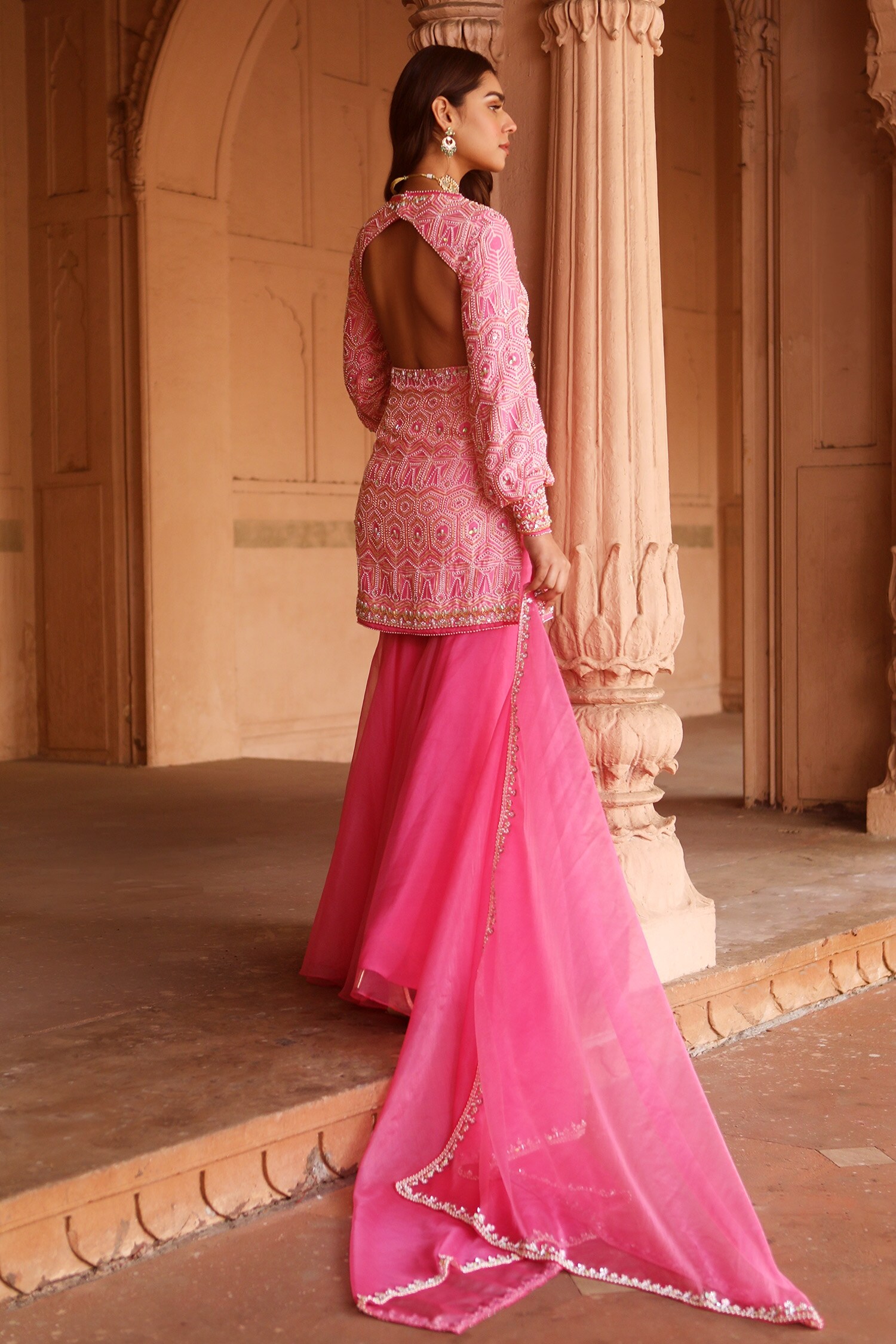 Mulberry Pink Sharara with Hand Embroidered Bralette with Ruffle Dupat -  Dheeru Taneja