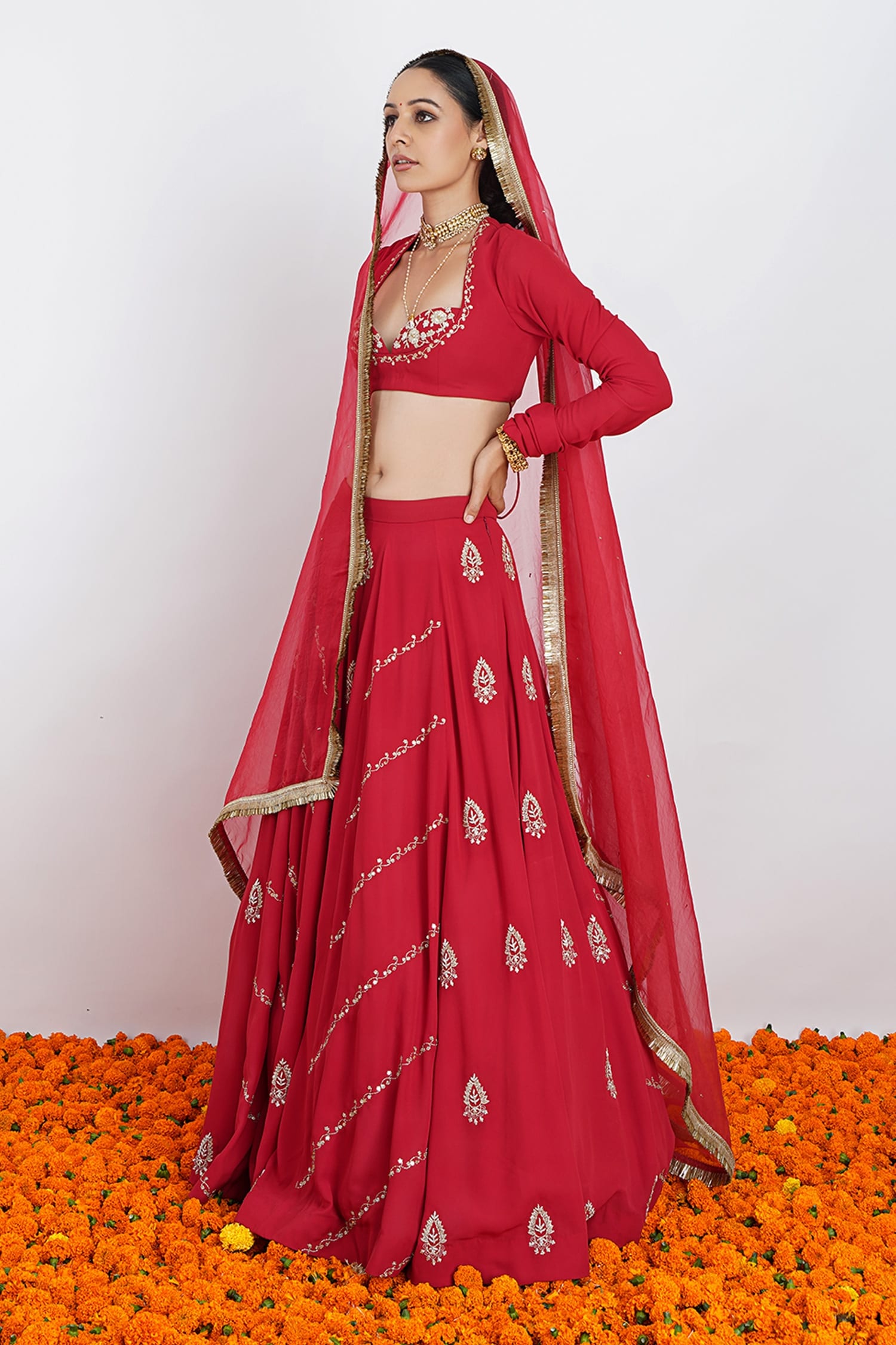 Buy Red Viscose Georgette Hand Embroidered Sequin And Raag Lehenga Set ...