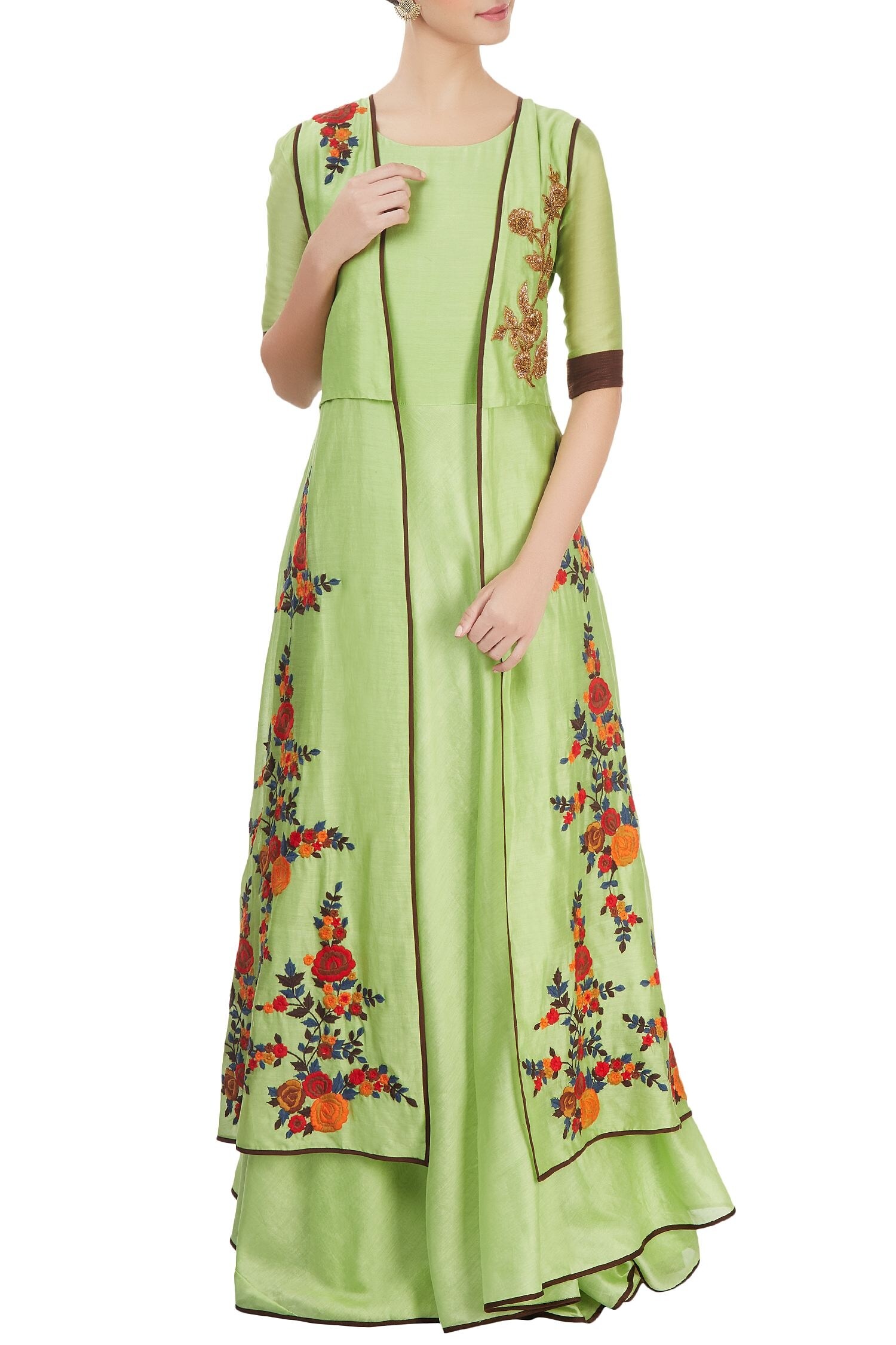 Buy Light green maxi dress with jacket by Aksh at Aza Fashions