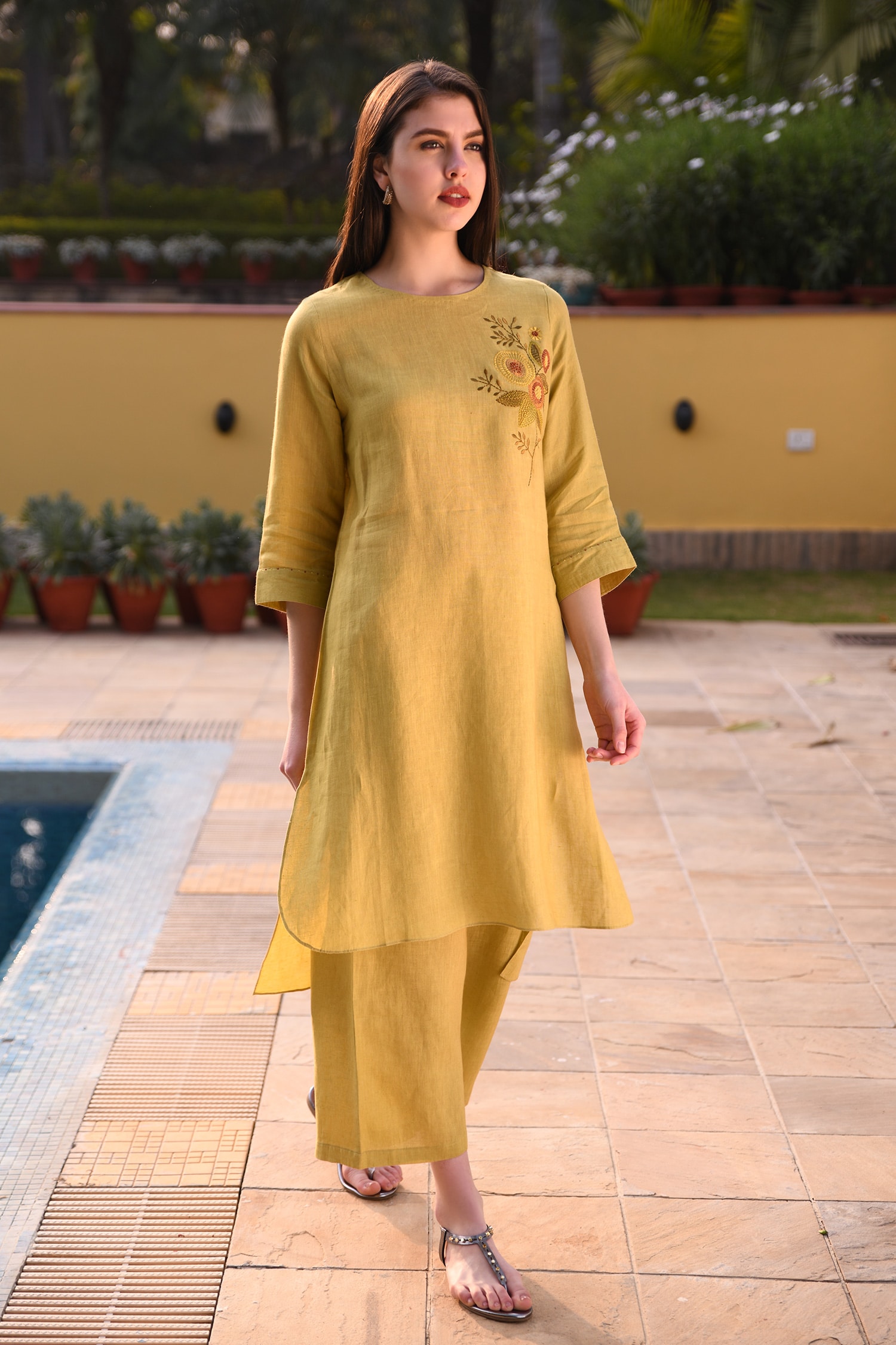 Buy Linen Bloom Yellow Hand Embroidered Linen Kurta Online Aza Fashions