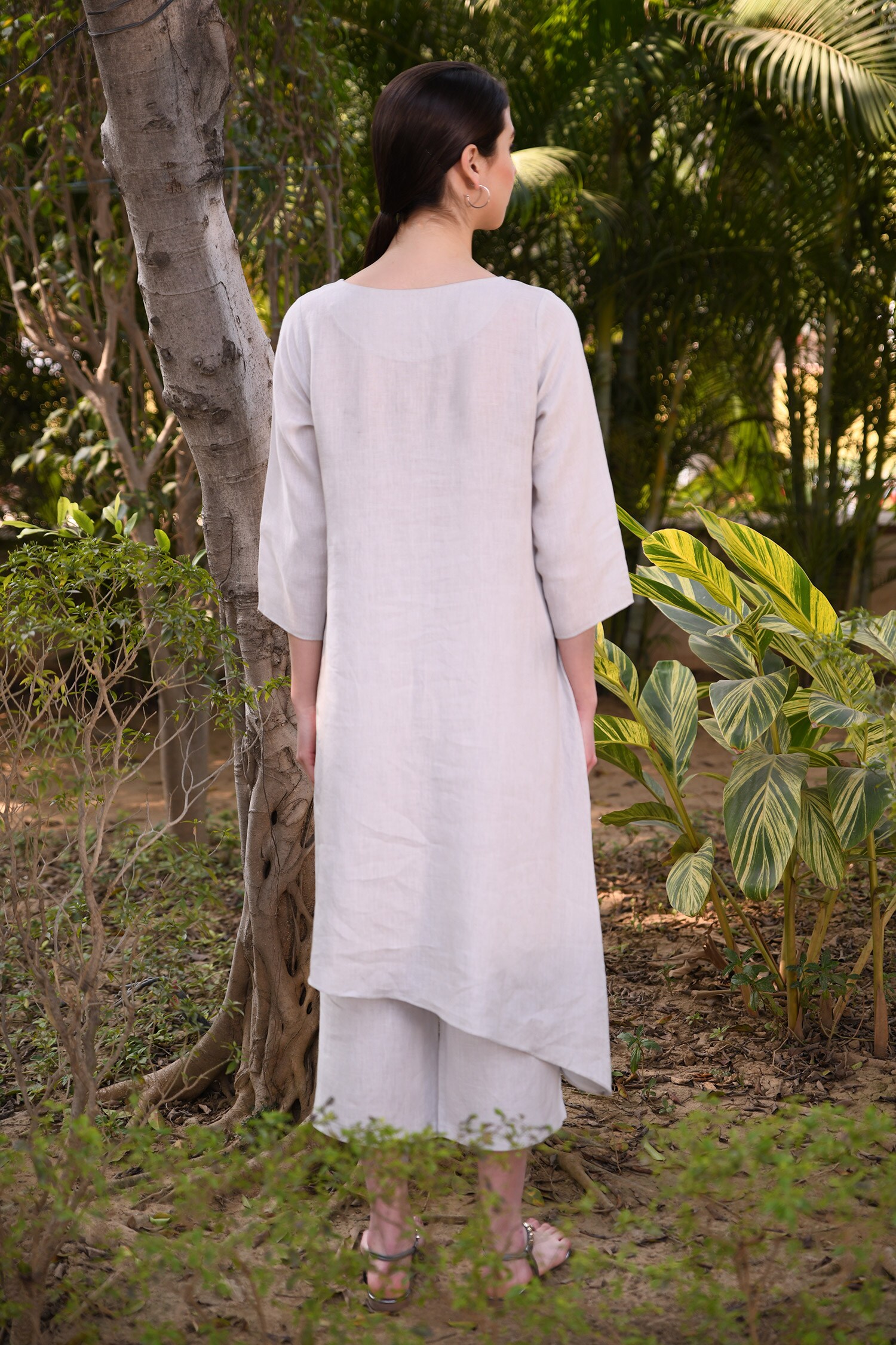 Buy Linen Bloom Grey Hand Embroidered Linen Asymmetric Kurta Online