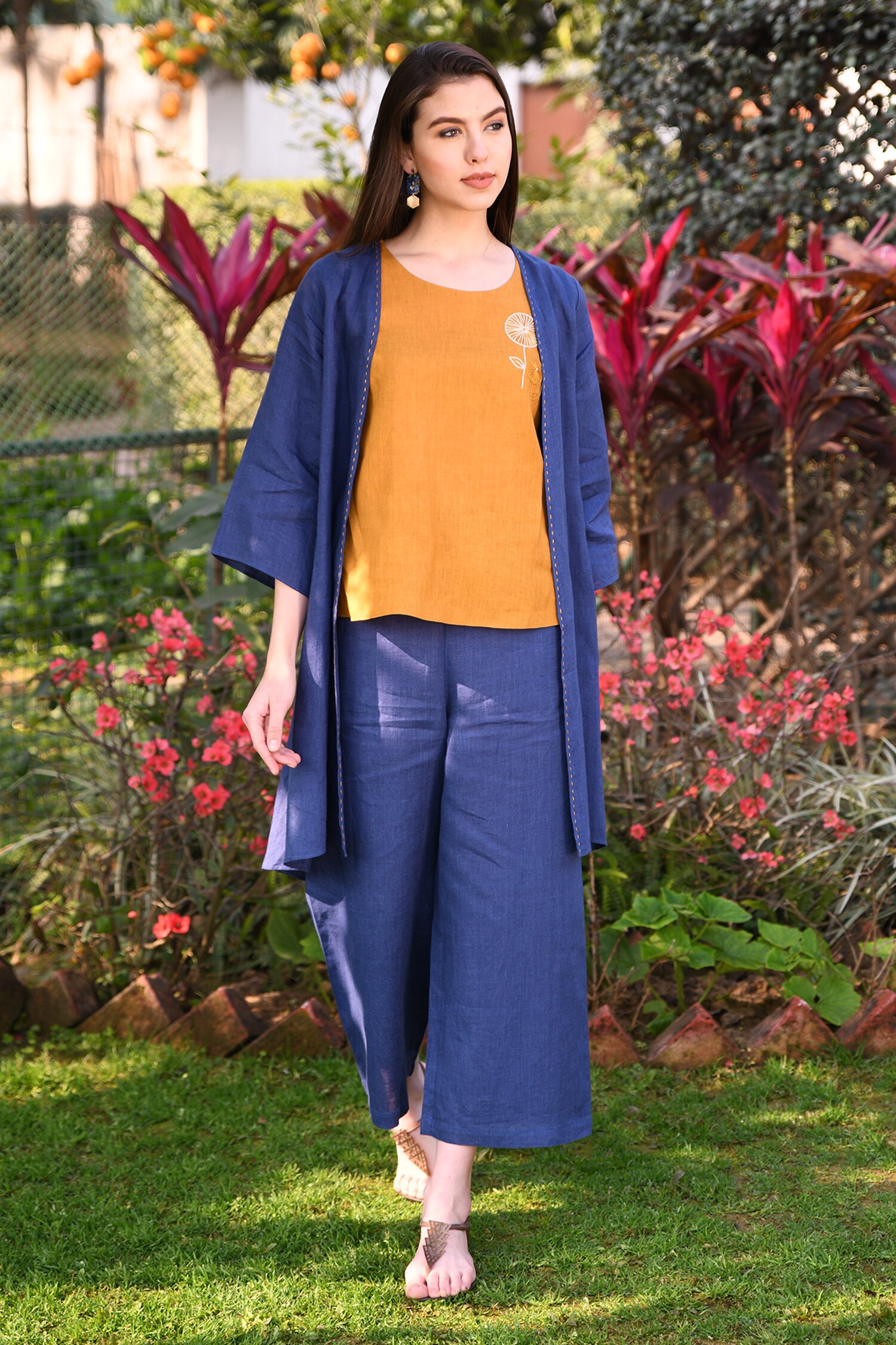 Buy Linen Bloom Blue Linen Jacket Online Aza Fashions