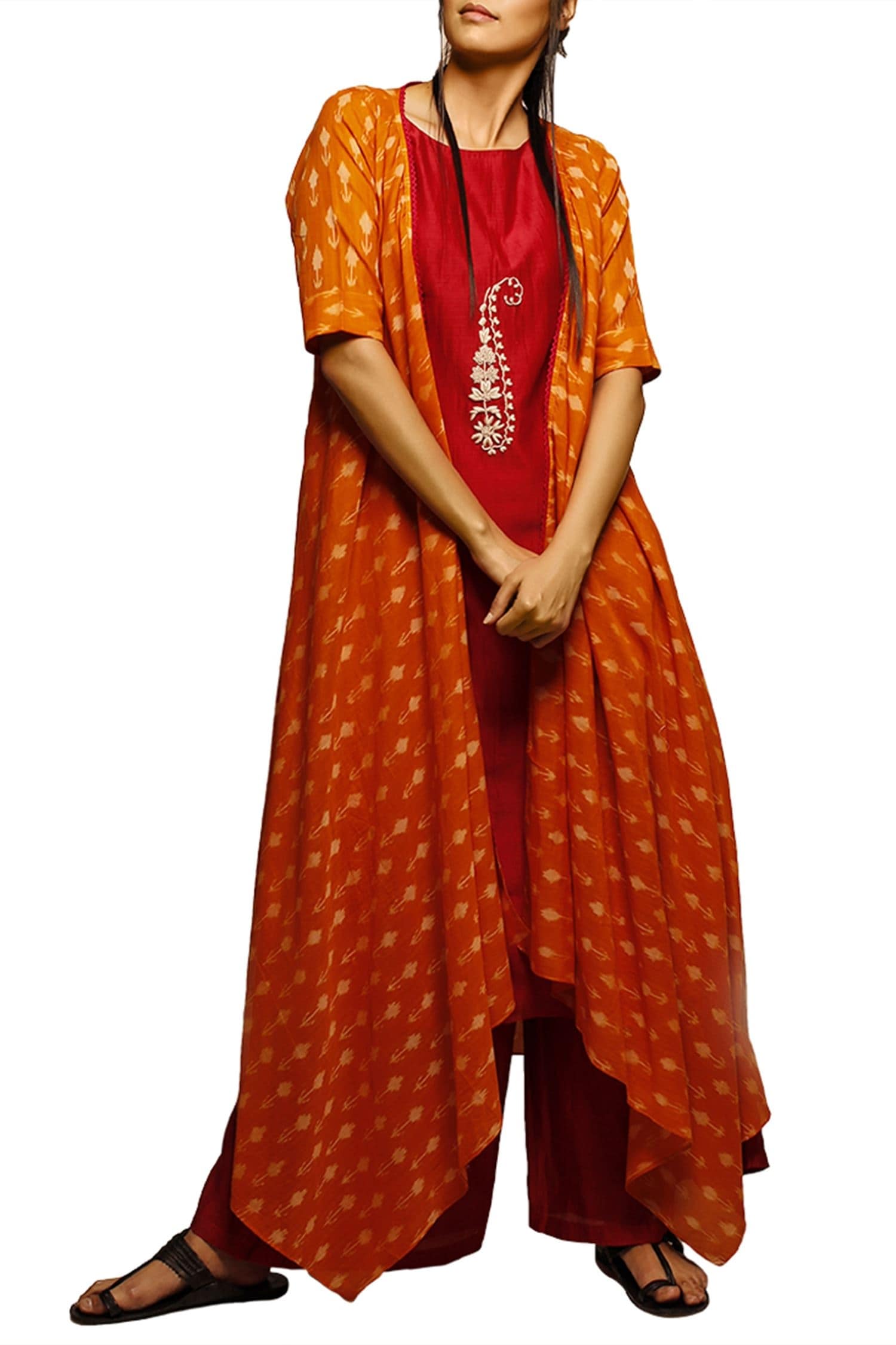 Buy Mango yellow ikat long jacket by Myoho at Aza Fashions