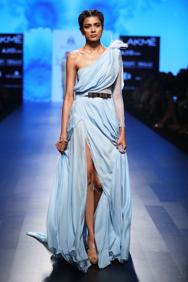 Buy Blue One Shoulder Gown For Women by Amit GT Online at Aza Fashions.
