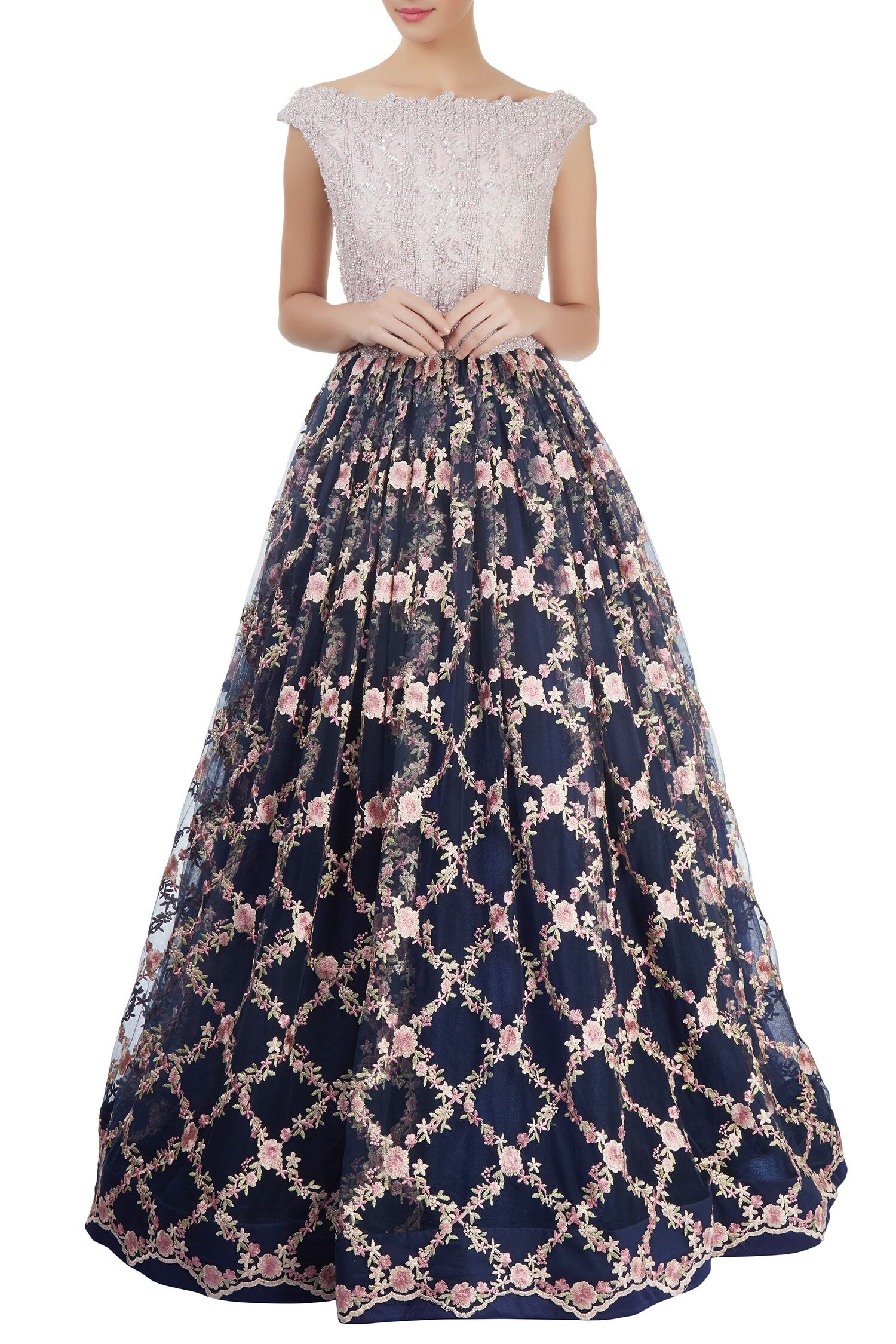 Buy Lavender & navy blue off-shoulder gown by Neeta Lulla at Aza Fashions
