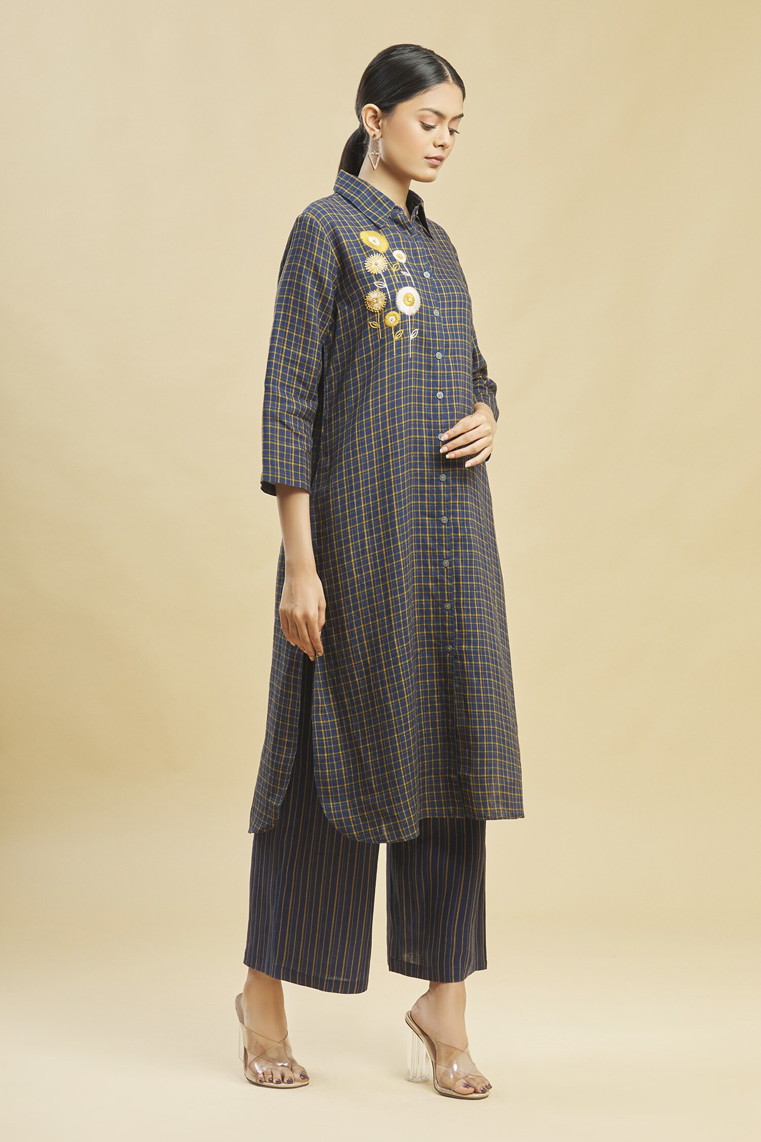 Linen Bloom Blue 100% Linen Shirt Collar Checkered Tunic For Women