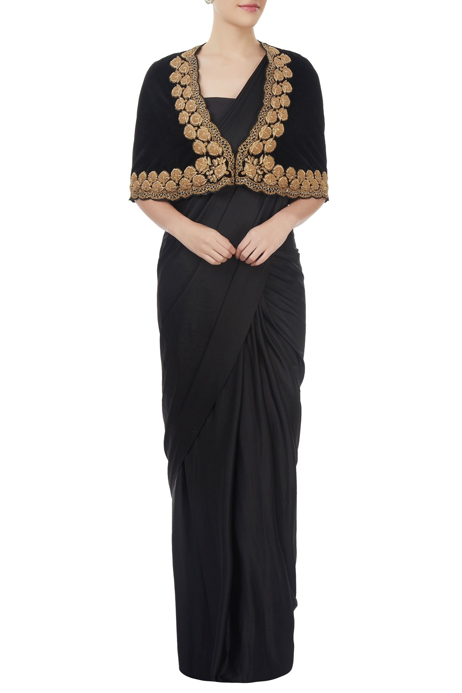 J by Jannat Black Embroidered Zardozi Strapless Pre-draped Saree And Cape Set For Women