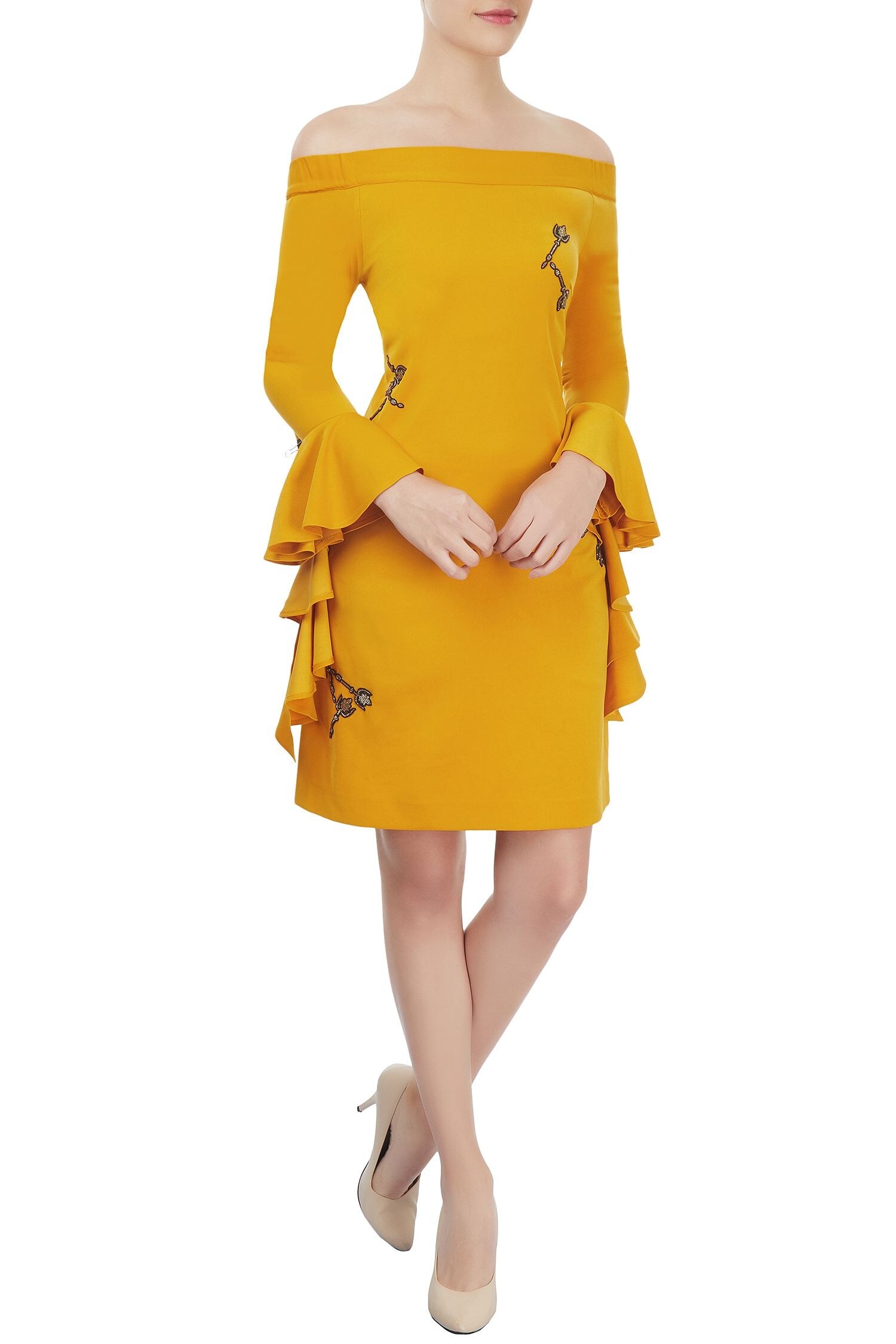 Buy Mustard embellished offshoulder dress by Kresha Lulla at Aza Fashions