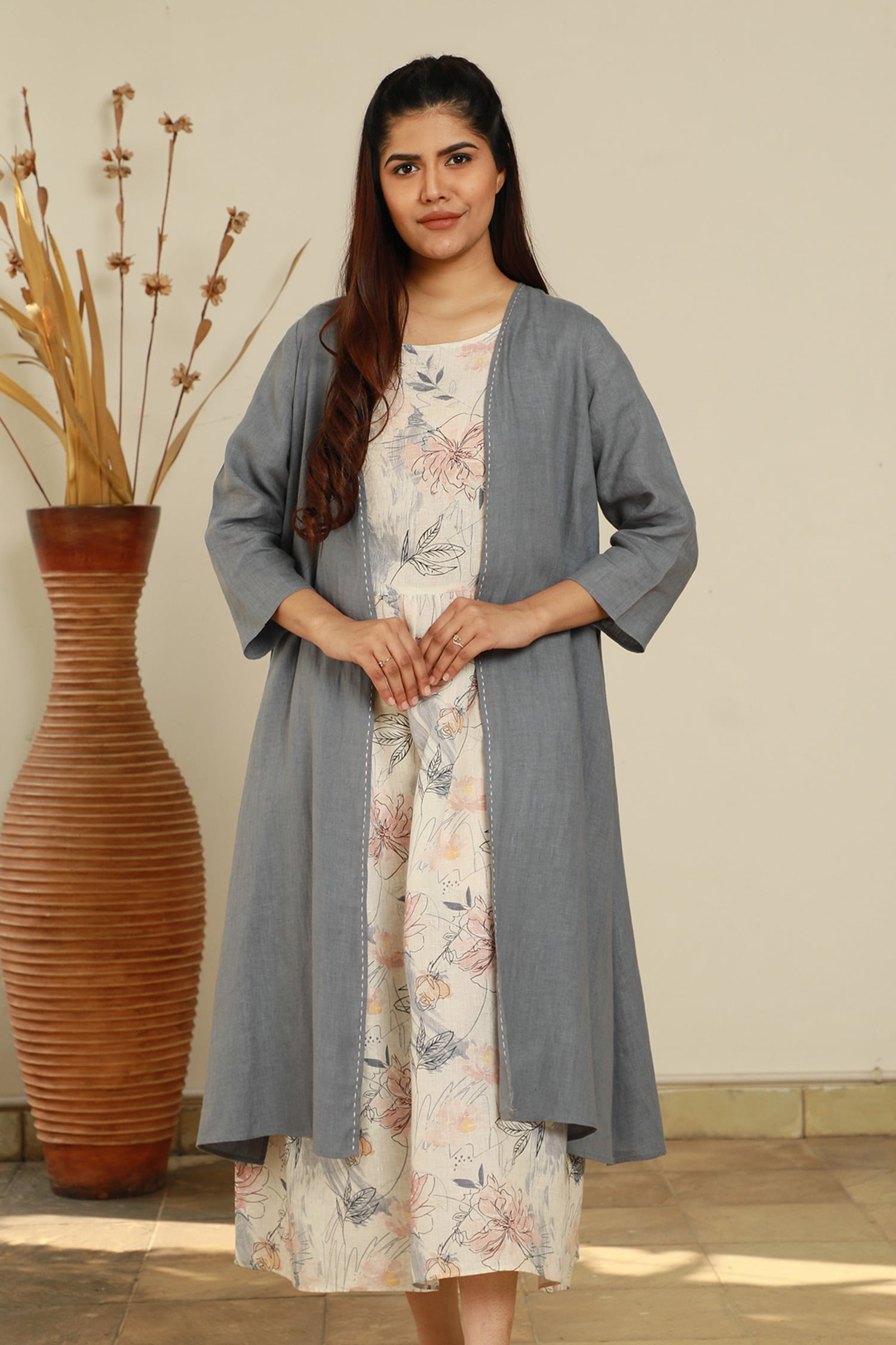Buy Linen Bloom Blue Linen Open Jacket Online Aza Fashions