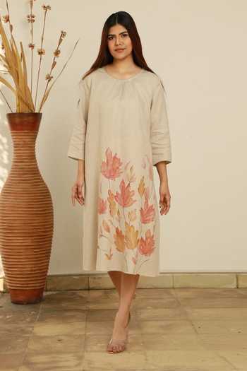 Buy Beige 100% Linen Hand Painted Dress For Women by Linen Bloom Online at  Aza Fashions.