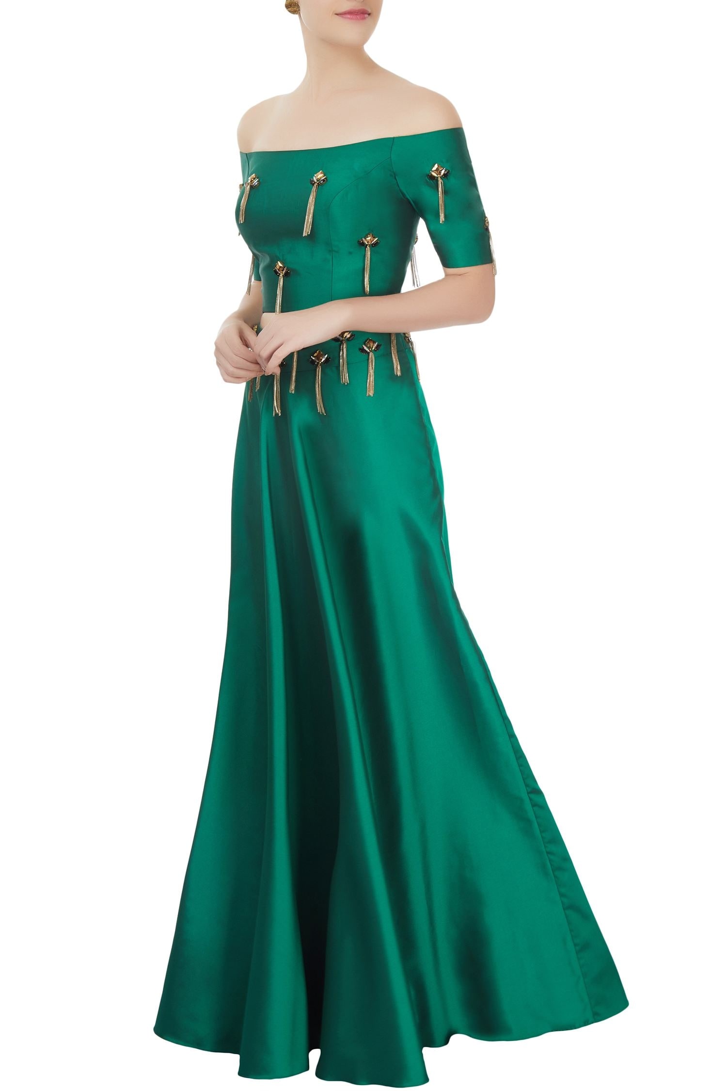 Buy Emerald green off-shoulder top & skirt set with tassels by Kresha ...