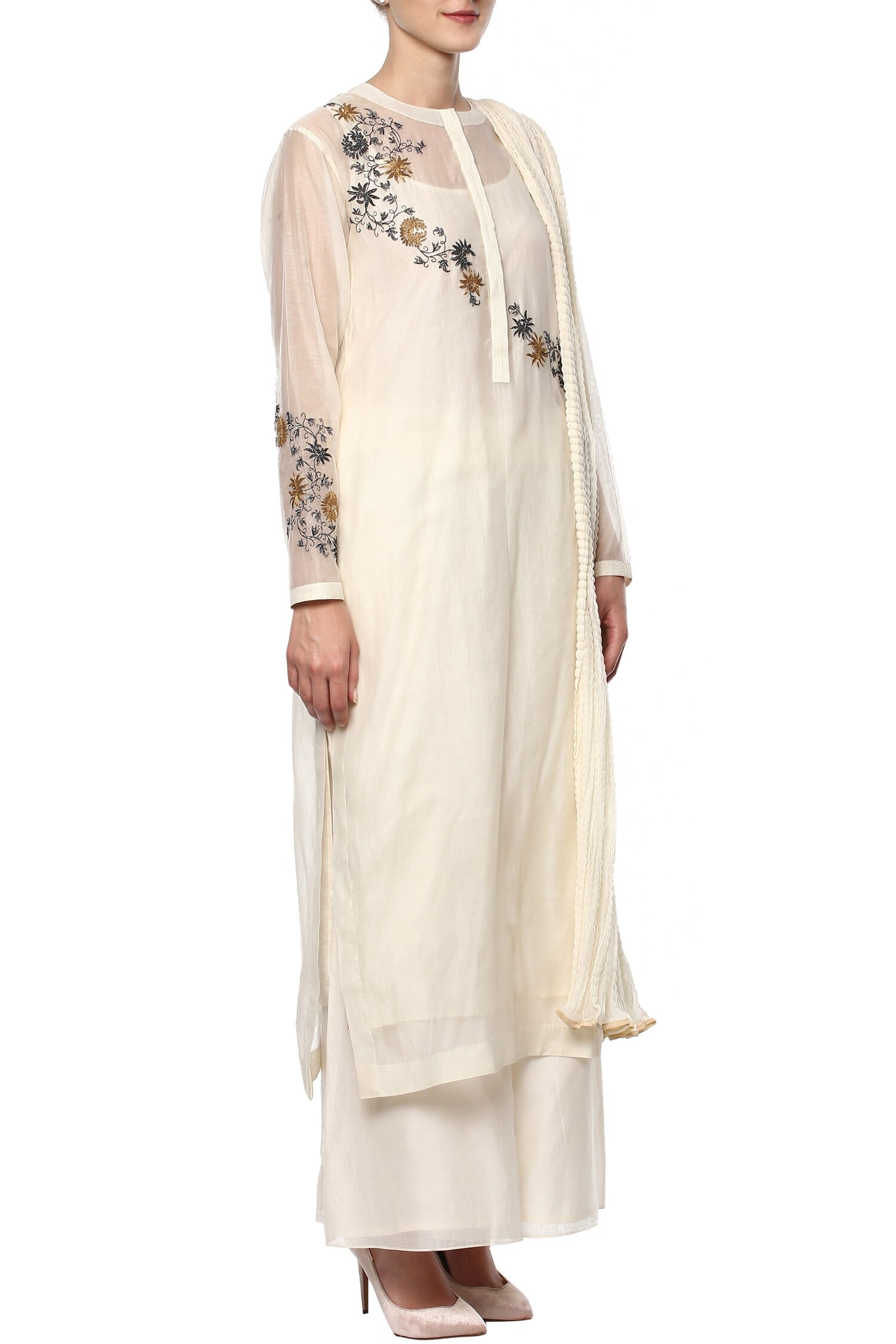 Buy Joy Mitra Cream Embroidered Kurta Set Online Aza Fashions