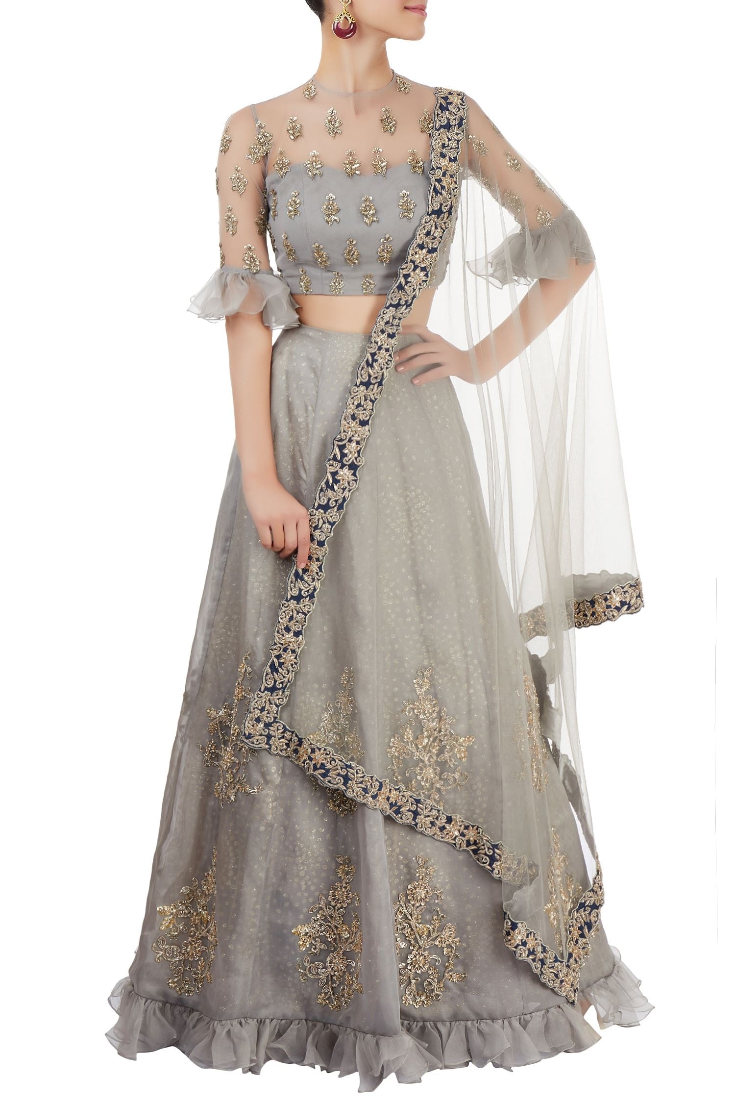 Buy Grey lehenga set with embroidery by Reeti Arneja at Aza Fashions