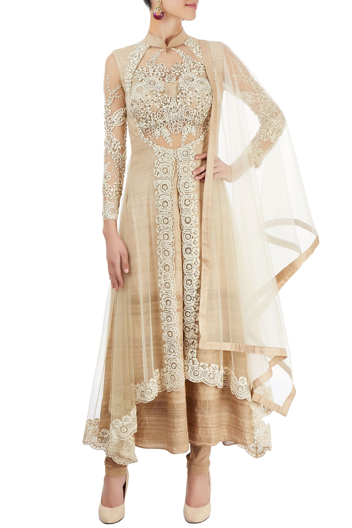 Buy Reeti Arneja Beige White Embroidered Kurta Set Online | Aza Fashions