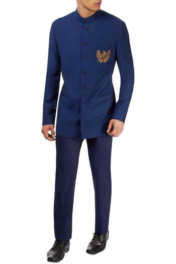 Buy Blue textured bandhgala with pants by Manish Malhotra - Men at Aza Fashions