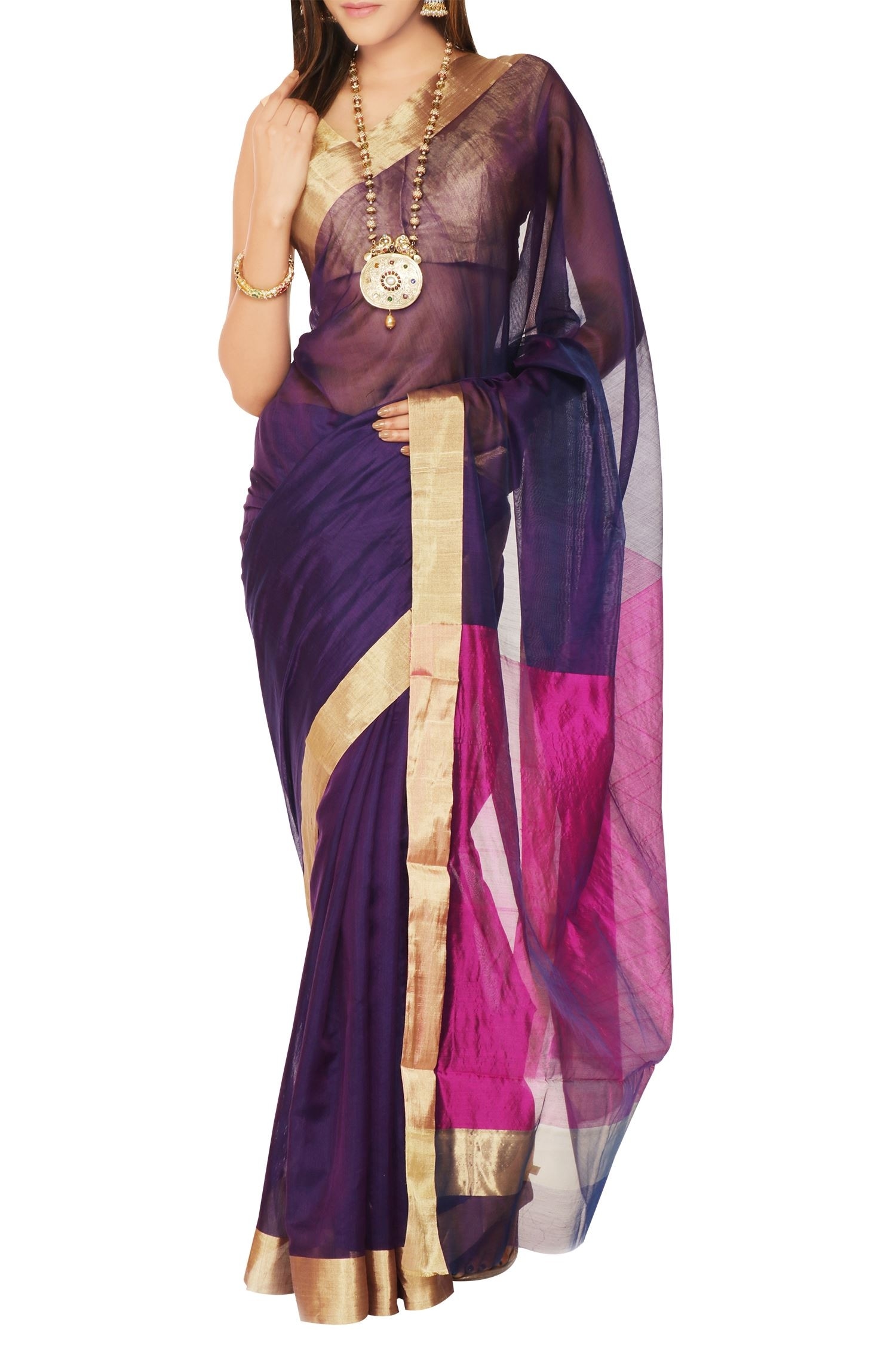 pink saree with violet blouse