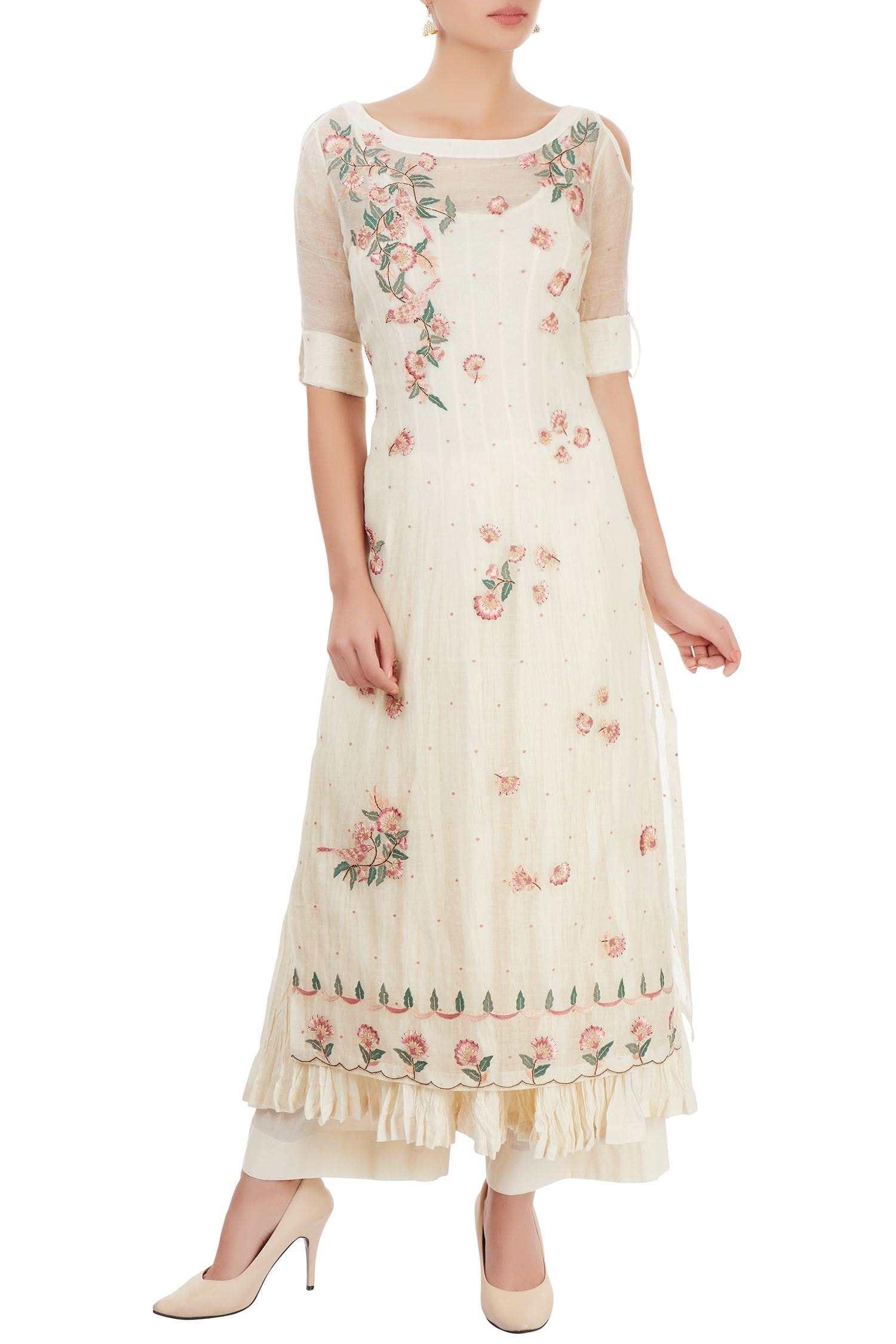 Buy White Thread Embroidered Palazzo Set For Women by Prama by Pratima ...