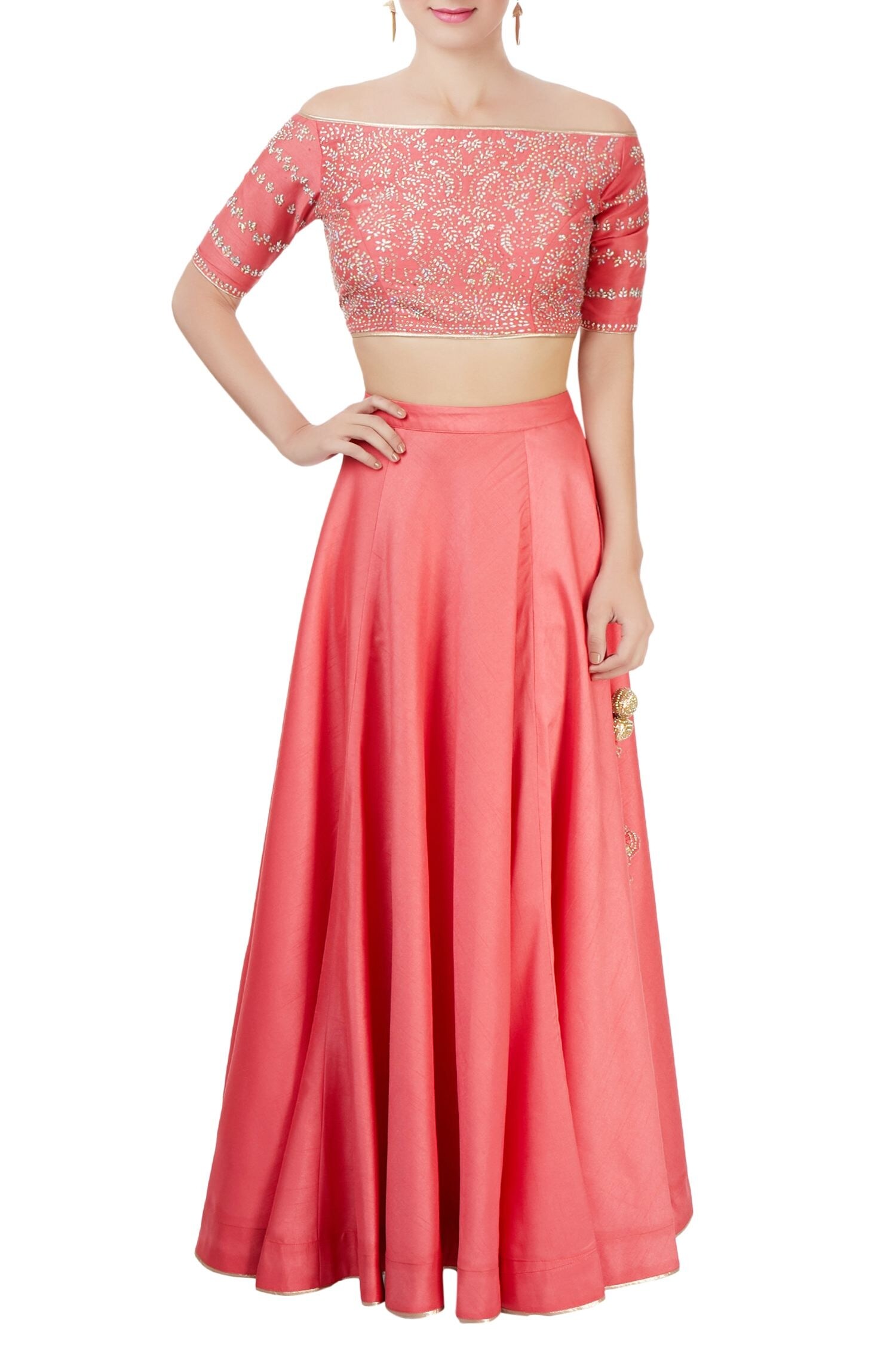 Buy Coral pink lehenga set by Vandana Sethi at Aza Fashions