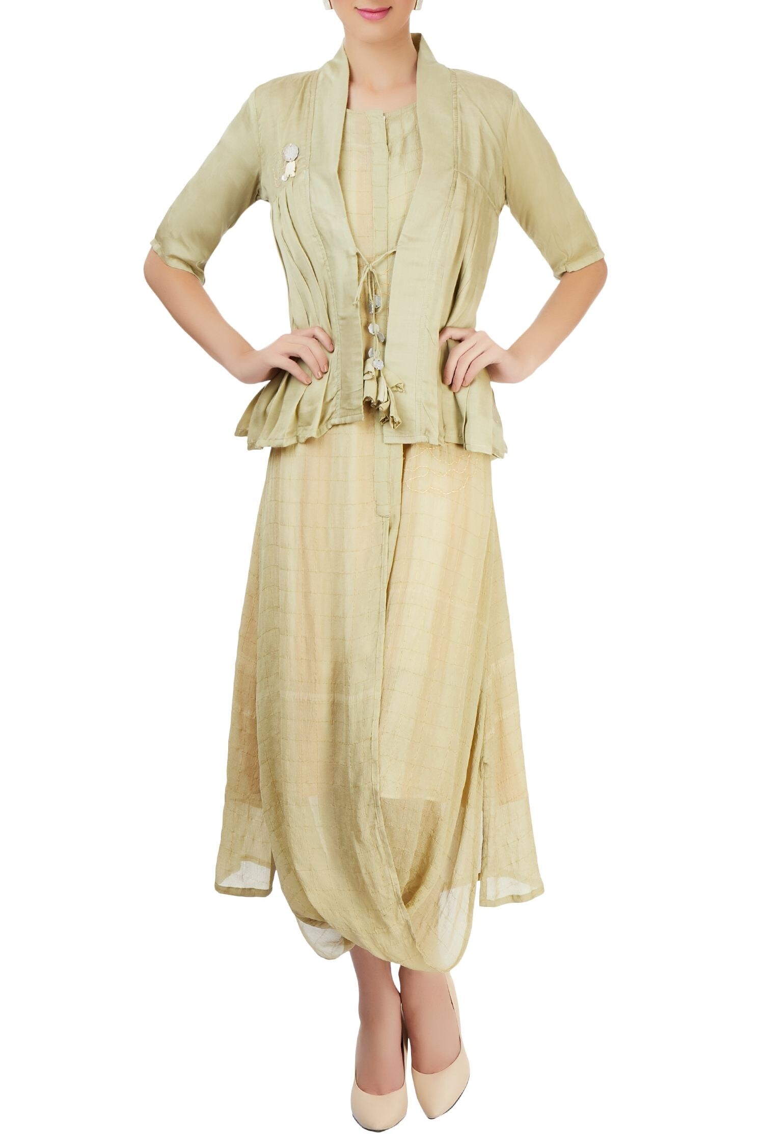 Buy Olive green dress with kediyu jacket by Itara at Aza Fashions