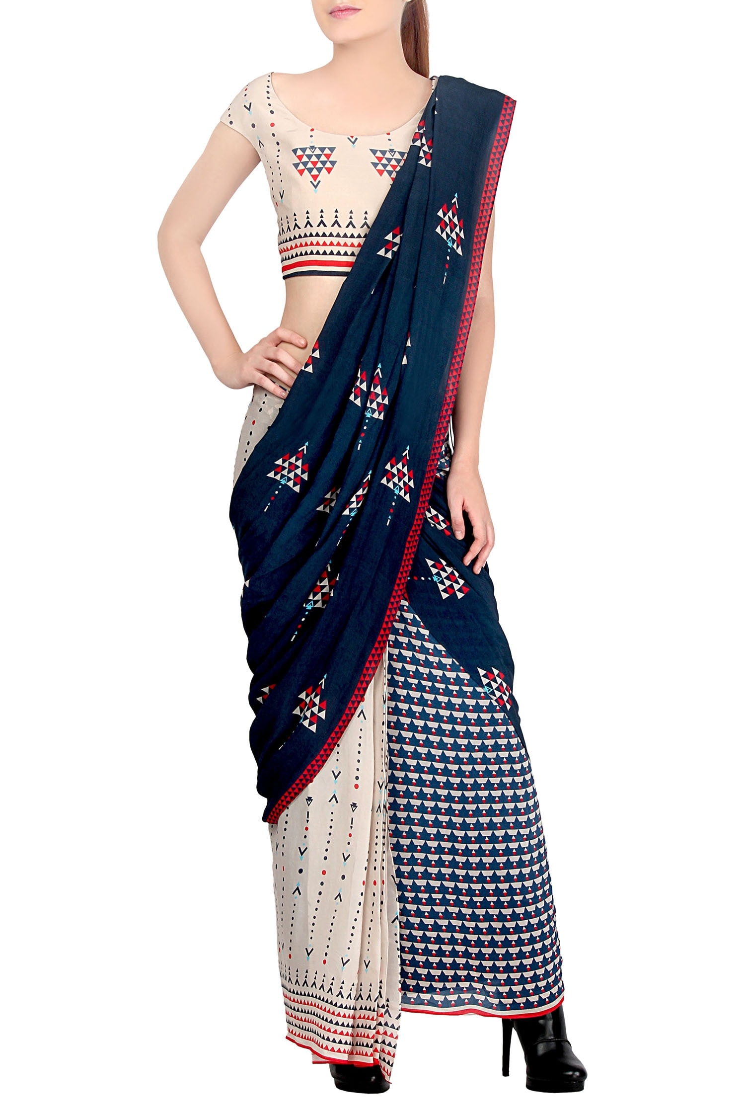 Soup by Sougat Paul Blue Crepe Printed Geometric Scoop Neck Pre-draped Saree With Blouse For Women