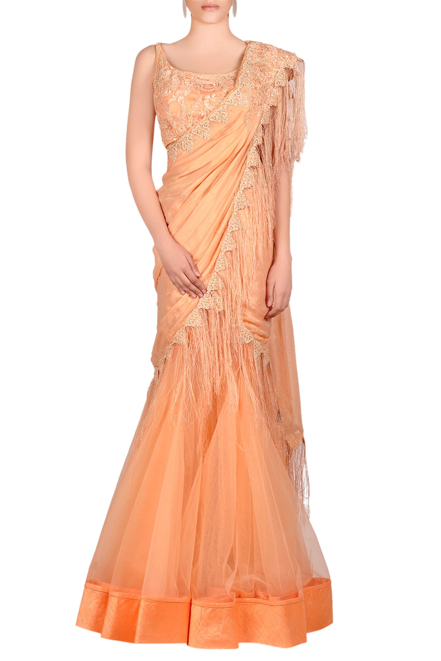 Buy Peach Embellished Lehenga Saree By Rabani Rakha At Aza Fashions