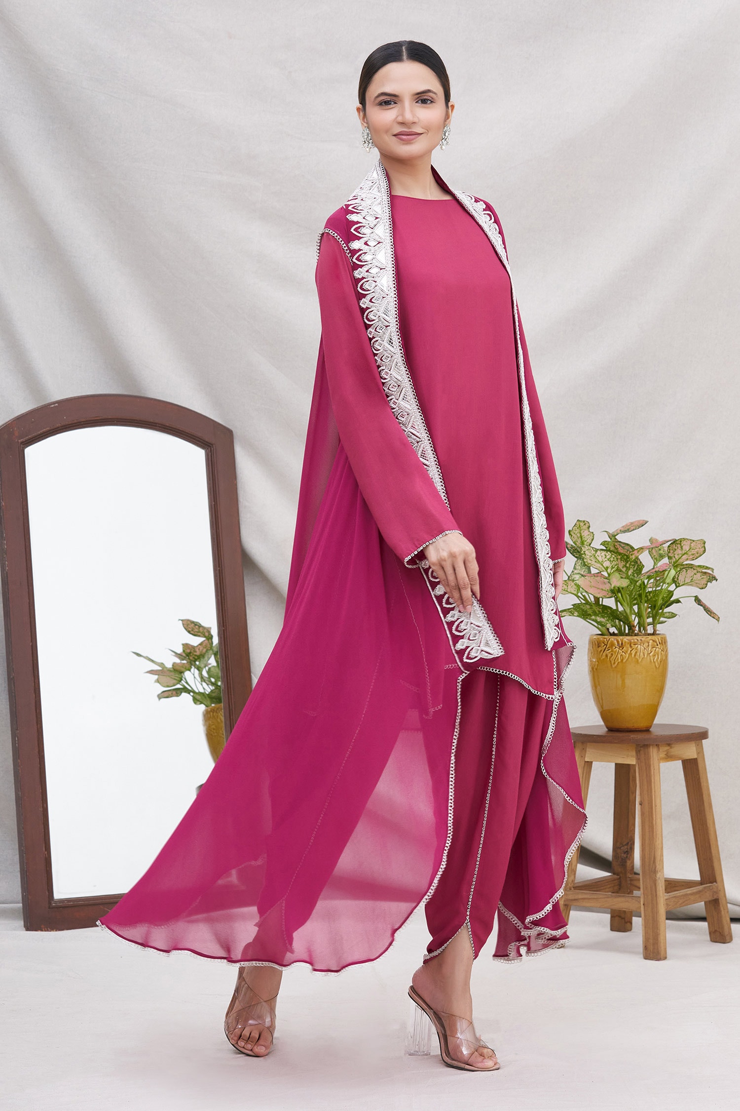 Buy Ekta Singh Pink Georgette Asymmetric Cape And Dhoti Pant Set Online ...